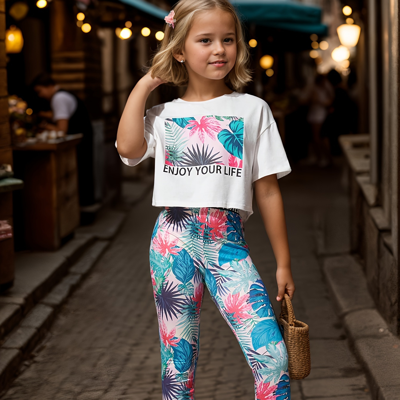 

Trendy Girls 2pcs Creative Enjoy Your Life Print Outfits Short Sleeve Cropped Top + Pants Set Spring Summer