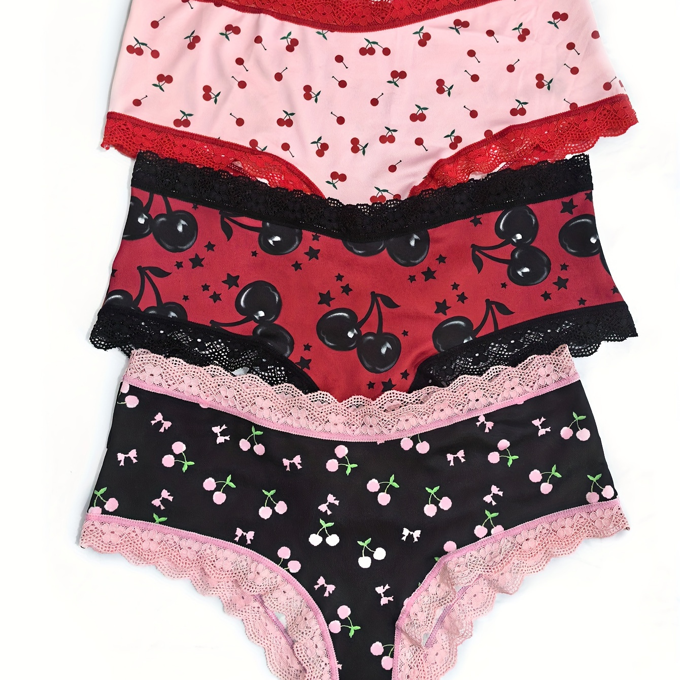 

3pcs Cherry & Birds Lace-trimmed Women's Briefs - Print, Comfortable Polyester , Machine Washable Panties In Red, Pink, And Black, Cute Lingerie