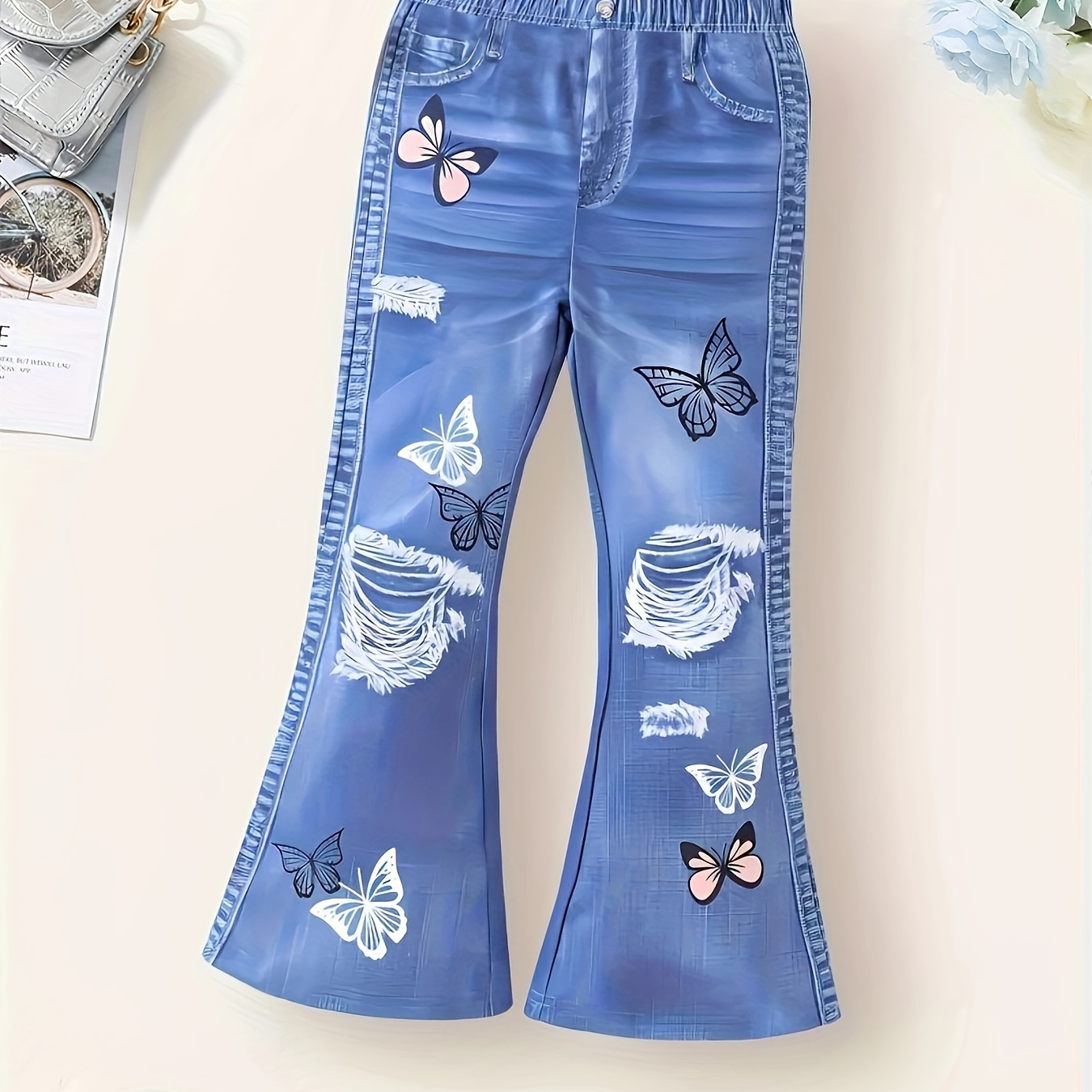 

Girls Stylish & Stretchy Butterflies & Ripped Imitation Denim Print Flared Pants For Summer