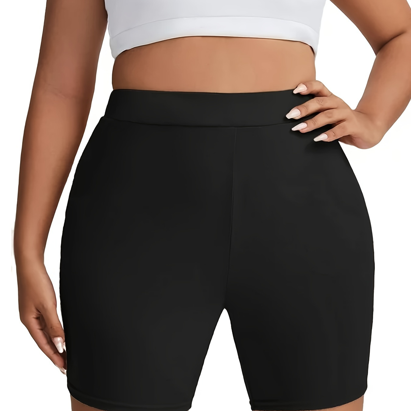 

Plus Size Solid Simple Skinny Shorts, Casual High Waist Stretchy Leggings For Spring & Summer, Women's Plus Size Clothing
