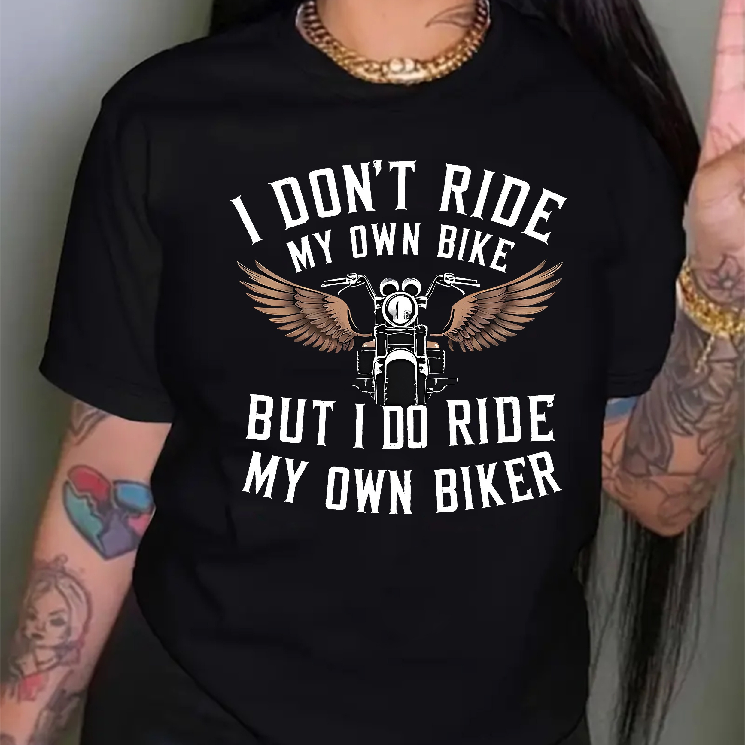 

Motorcycle Biker Print Crew Neck T-shirt, Casual Short Sleeve T-shirt For Spring & Summer, Women's Clothing