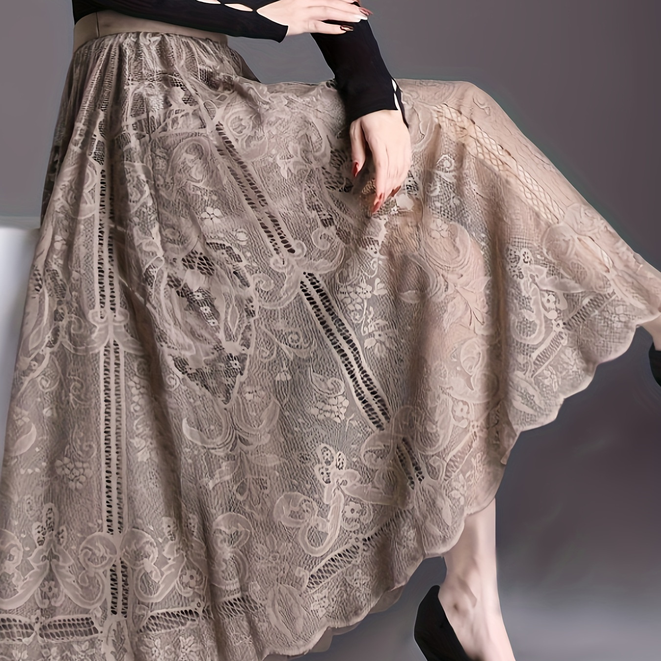 

Hollow Out Scallop Hem Lace Skirt, Casual Elastic Waist A-line Skirt, Women's Clothing