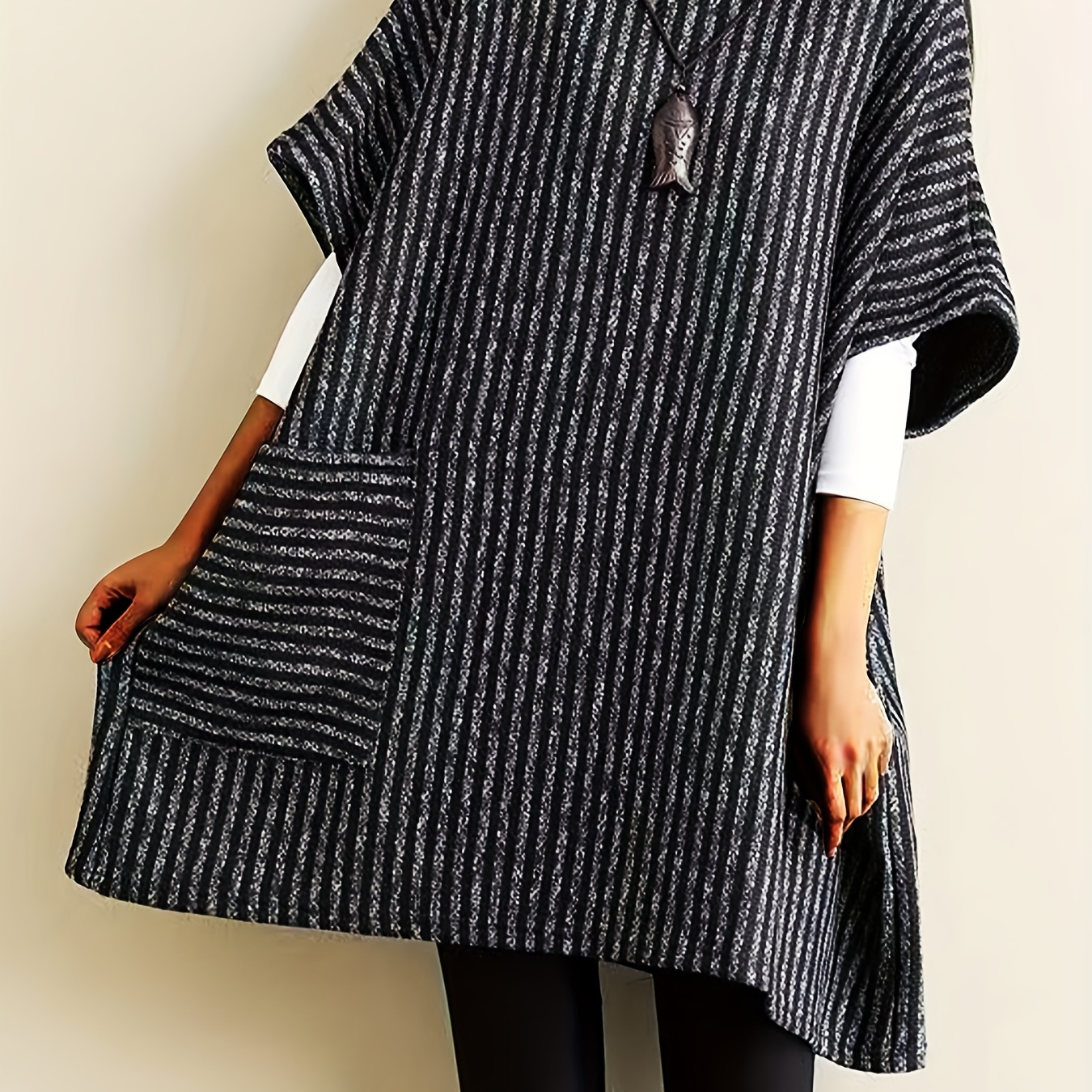 

Plus Size Pattern Knit Sweater, Casual Mock Neck Pocket Short Sleeve Sweater For Fall & Spring, Women's Plus Size Clothing