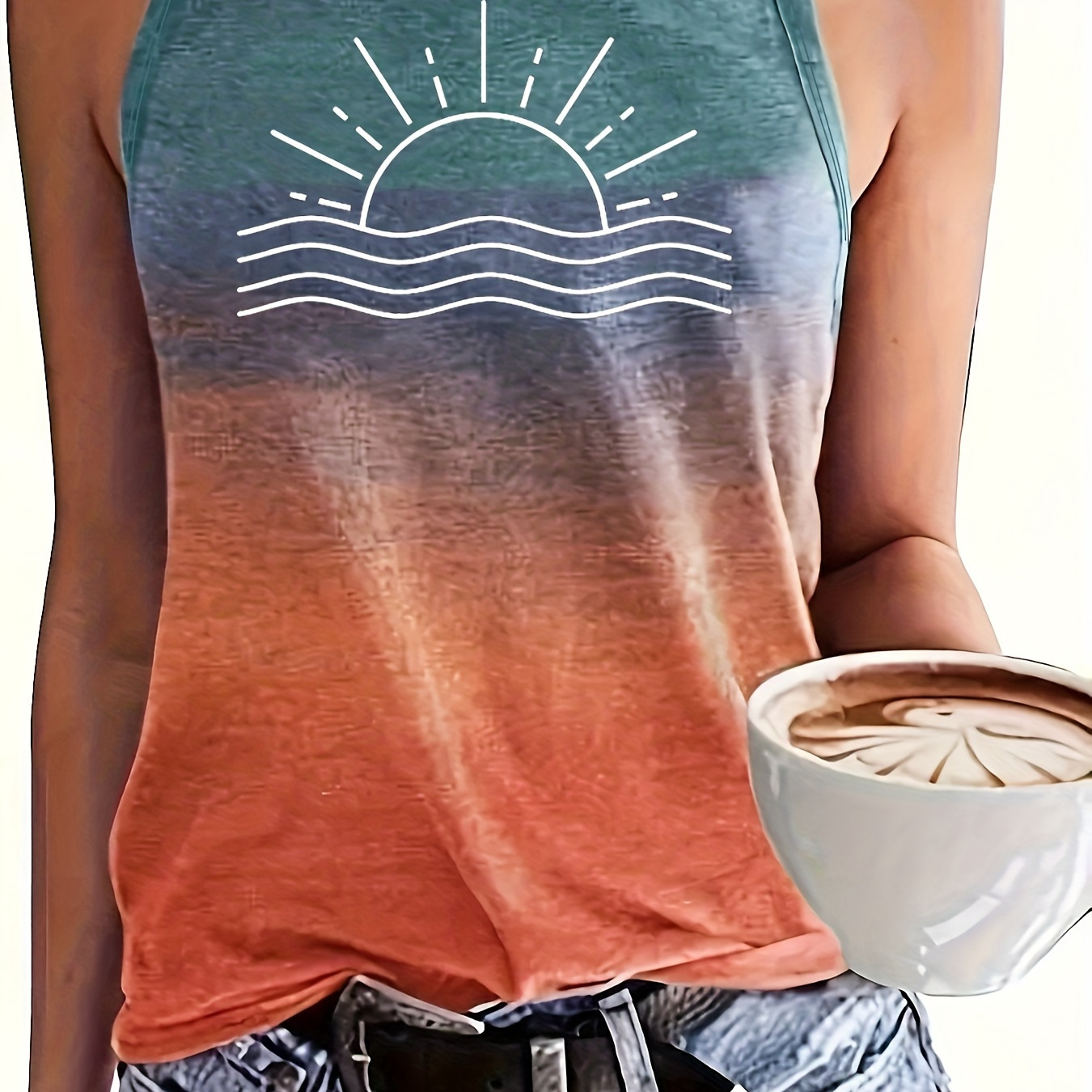 

Sunset Print Crew Neck Tank Top, Casual Sleeveless Top For Spring & Summer, Women's Clothing