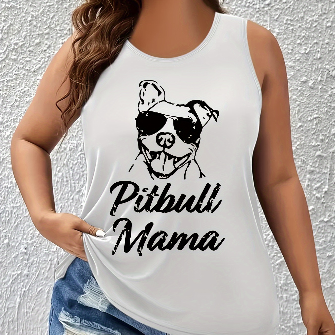 

Plus Size Pitbull Mama Print Tank Top, Casual Sleeveless Crew Neck Top For Summer & Spring, Women's Plus Size Clothing