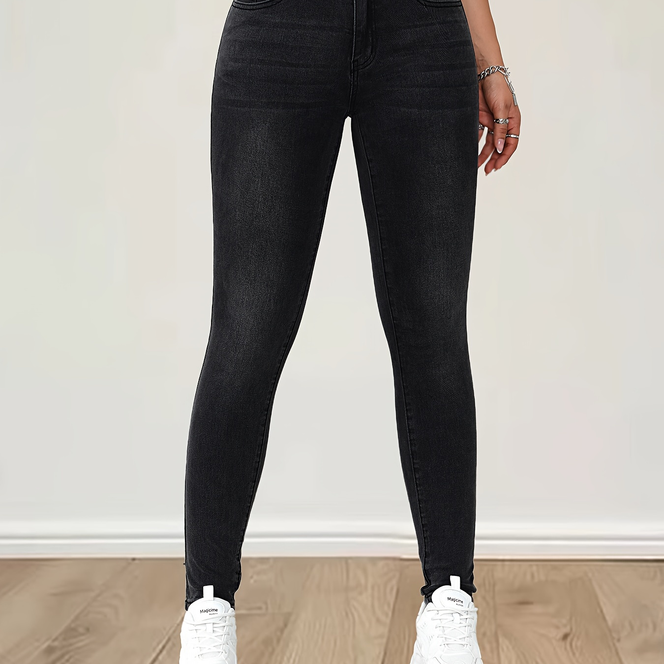 

Elegant High-waist Skinny Jeans For Women - Stretch Denim, Non-see-through, Button Detail, Wear