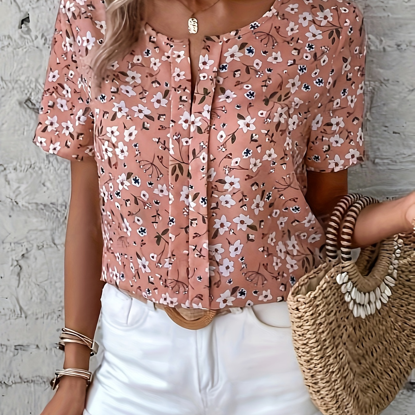 

Floral Print Notched Neck Blouse, Elegant Short Sleeve Blouse For Spring & Summer, Women's Clothing