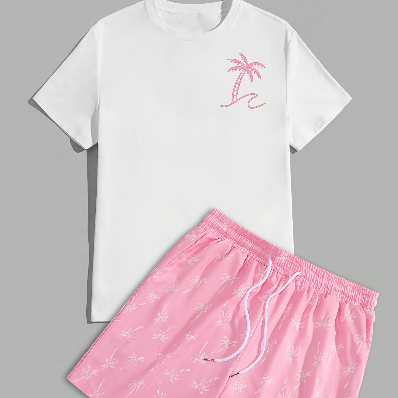 

Men's Casual Crew Neck Graphic T-shirt And Shorts Set With Stylish Palm Tree Print, Fit Suit For Or