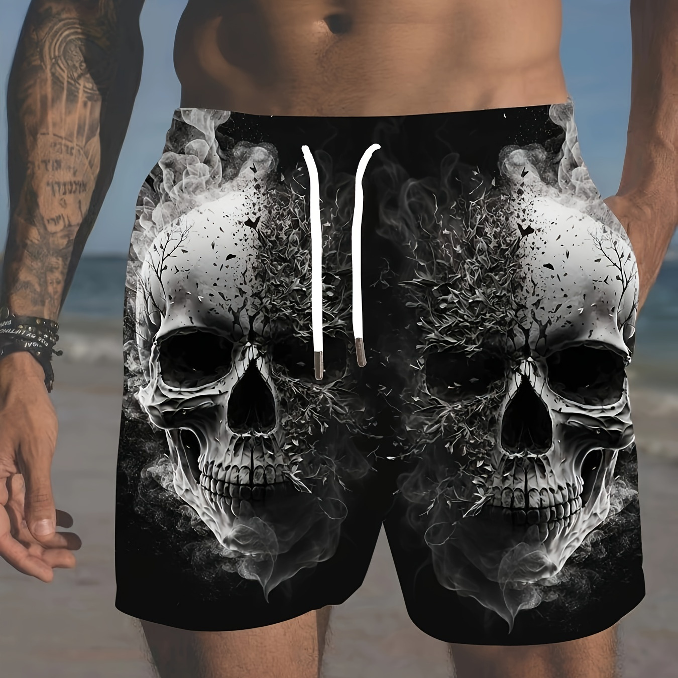 

Plus Size 3d Skull Pattern Print Men's Board Shorts, Summer Stylish Shorts, Comfy Shorts Active Wear, Drawstring Lightweight Shorts For Summer Outdoor Beach Holiday Surfing Swimming