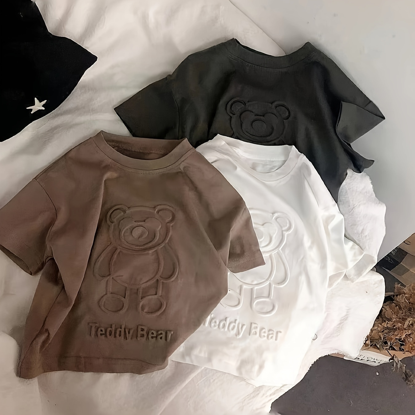 

3pcs Boys Bear Embossing Meaningful T-shirt, Cool, Versatile & Smart Short Sleeve Tee, Gift Idea