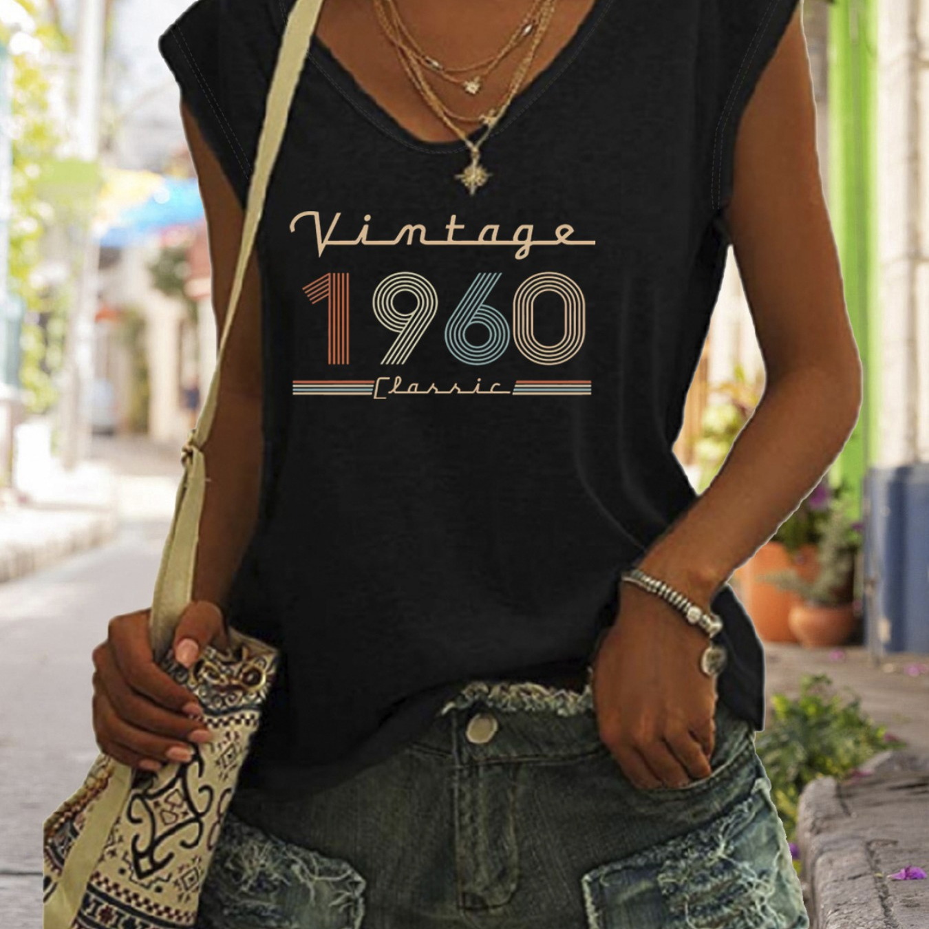 

1960 Print V Neck T-shirt, Casual Cap Sleeve T-shirt For Spring & Summer, Women's Clothing