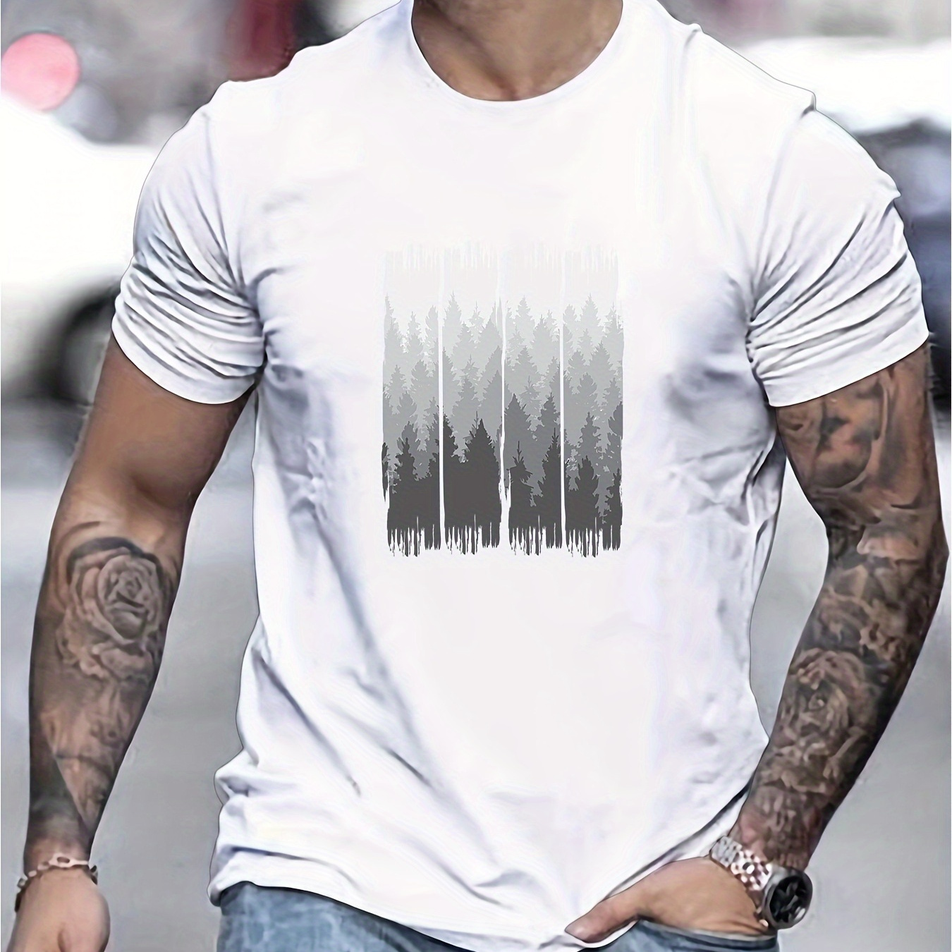 

Pure Cotton Men's T-shirt, Forest Pattern Print Short Sleeve Crew Neck Tees For Summer, Casual Outdoor Comfy Clothing For Male