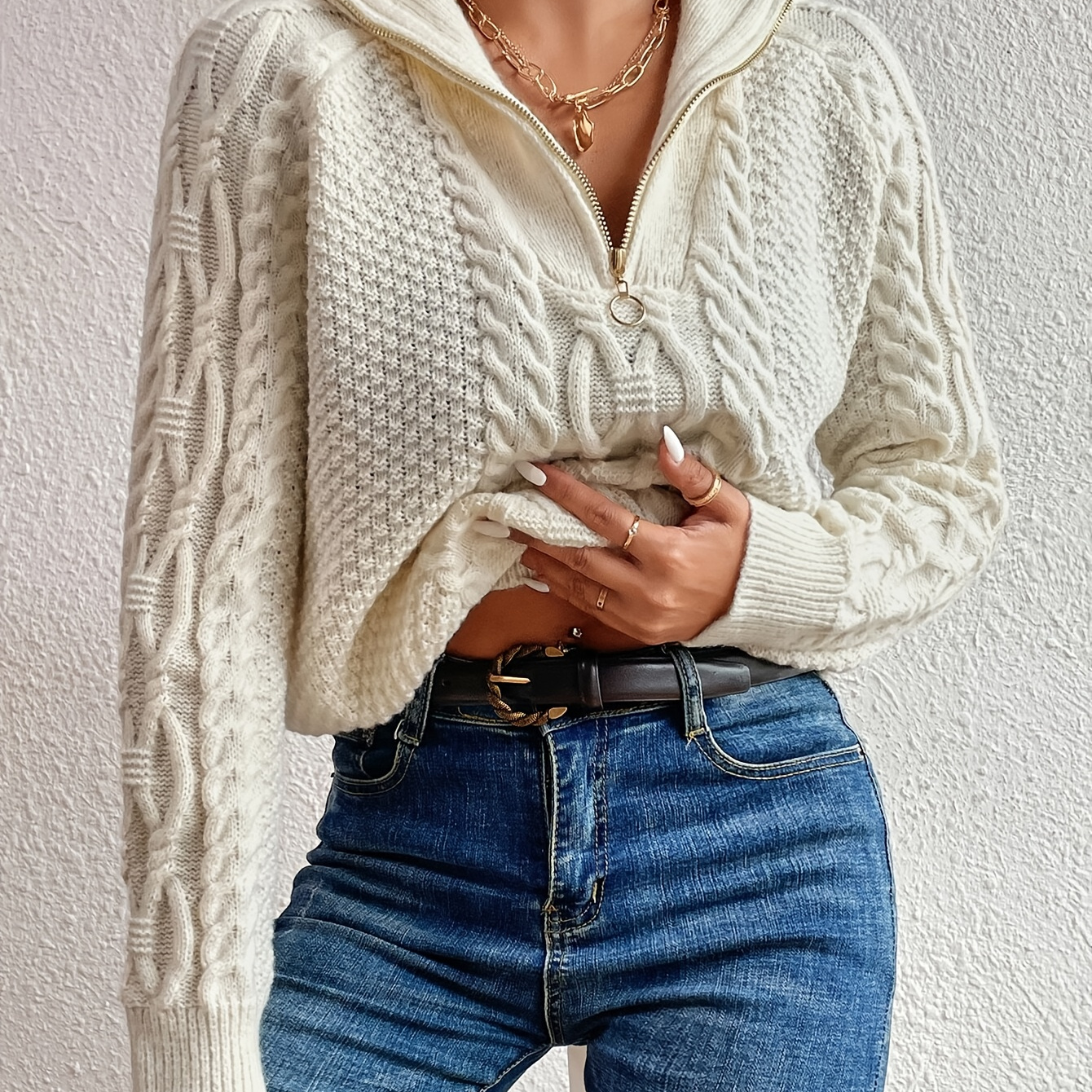 

Cable Knit Zipper Collared Sweater, Casual Long Sleeve Sweater For Fall & Winter, Women's Clothing