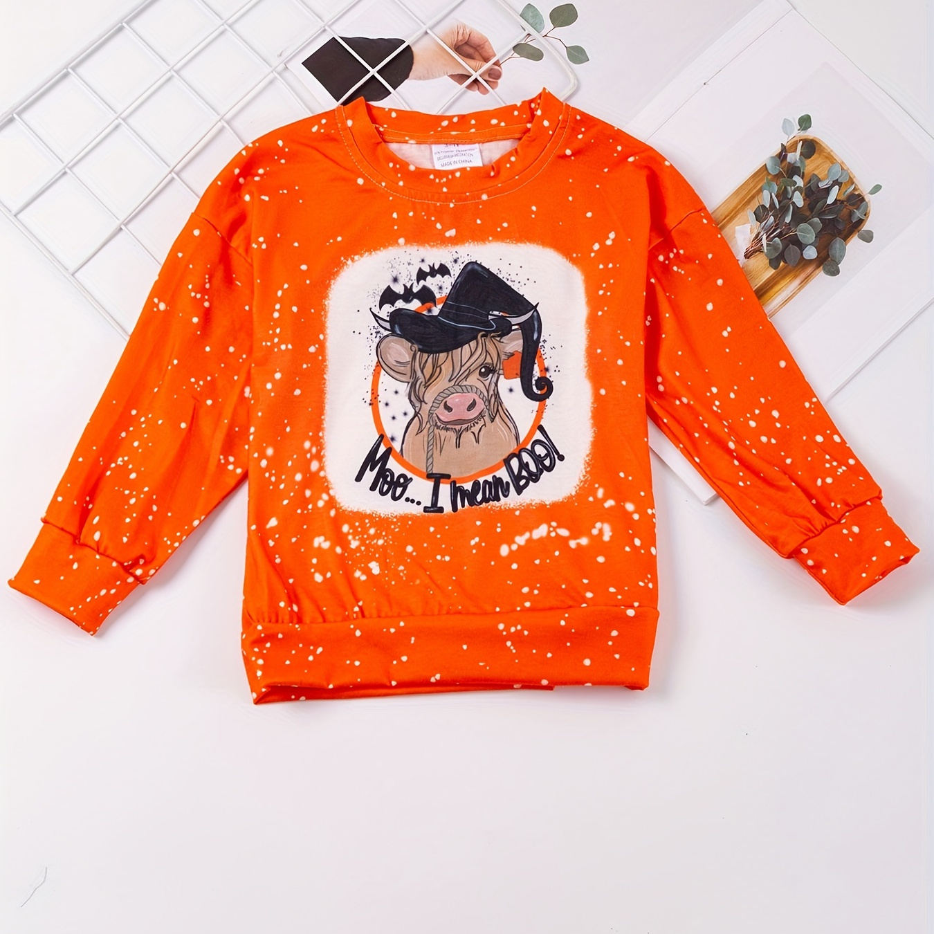 

Cartoon Halloween Cow Print Girls Crew Neck Sweatshirt Long Sleeve Casual Pullovers Tops Kids Spring Fall Clothes Halloween Party Outfit