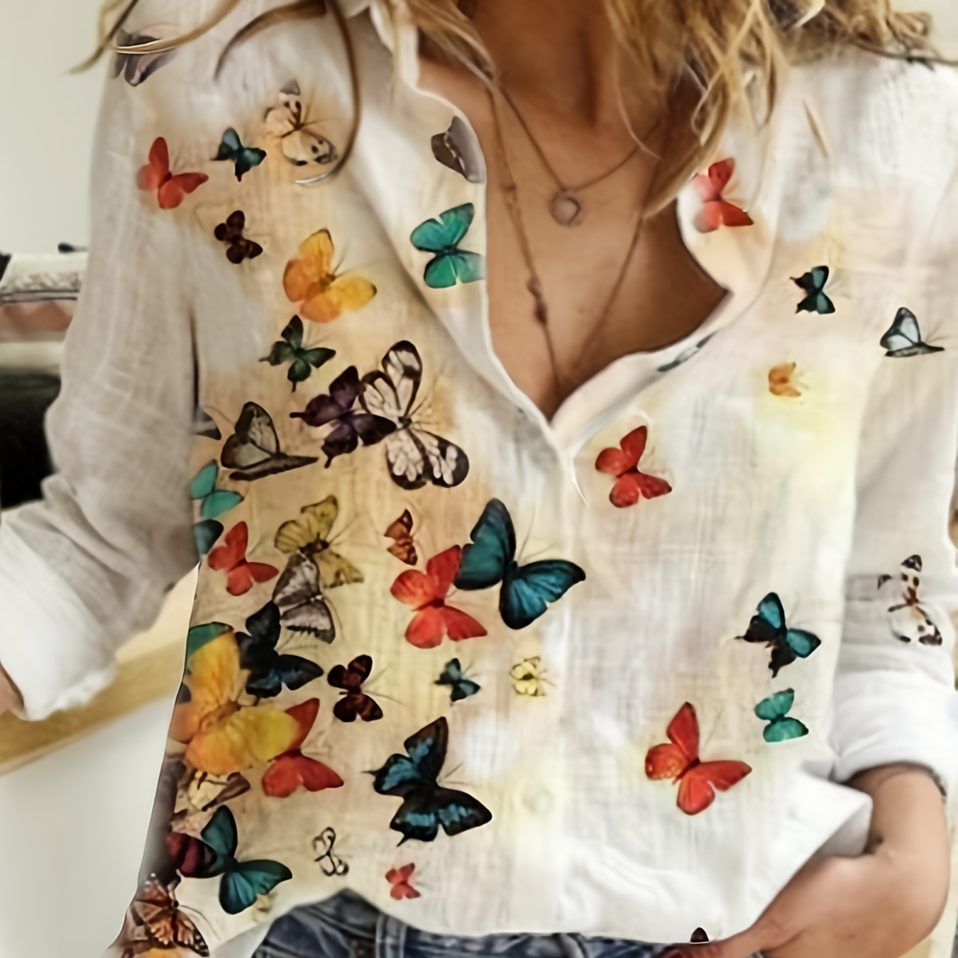 

Butterfly Print Shirt, Casual Button Front Long Sleeve Collar Shirt, Women's Clothing