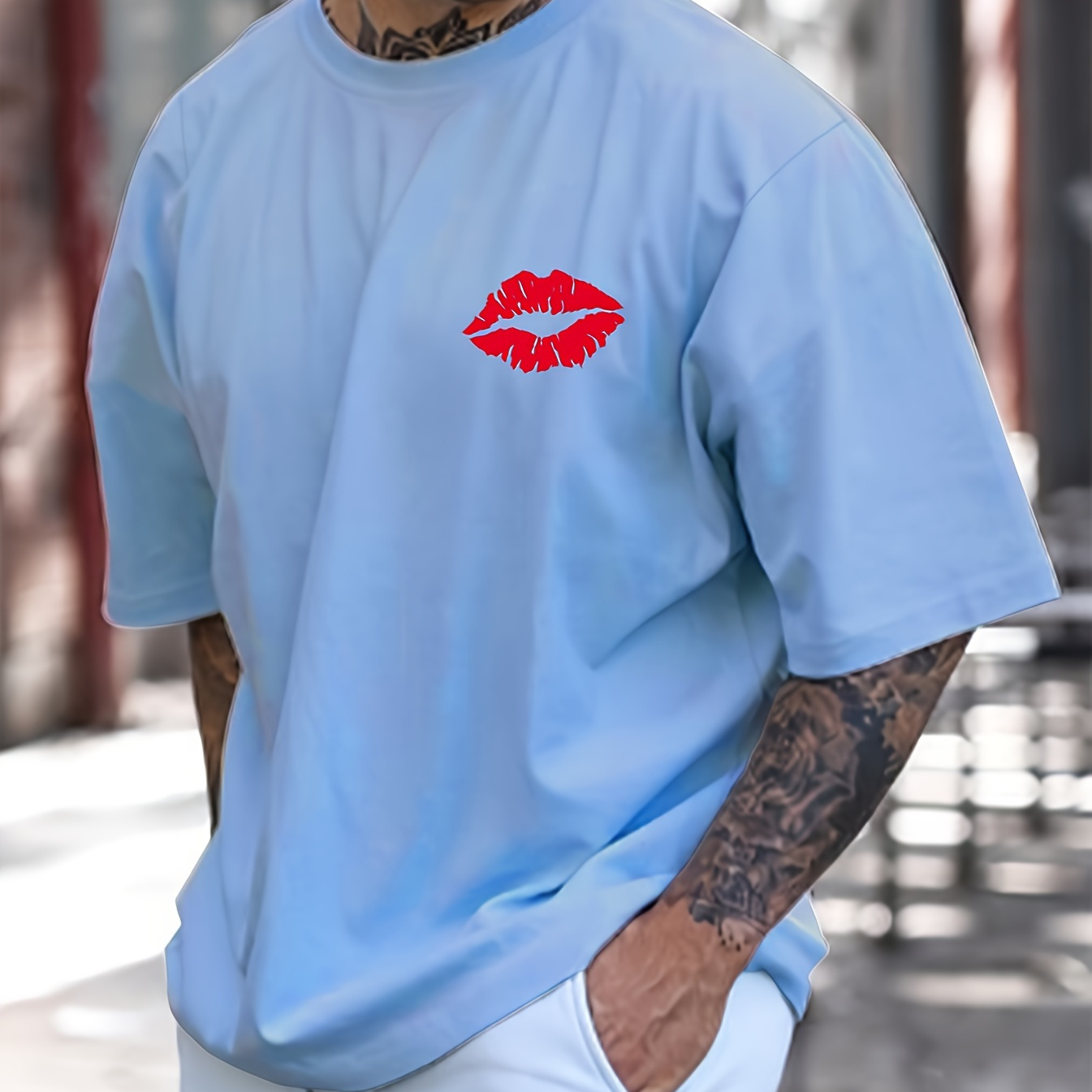 

Red Lips Print T Shirt, Tees For Men, Casual Short Sleeve T-shirt For Summer