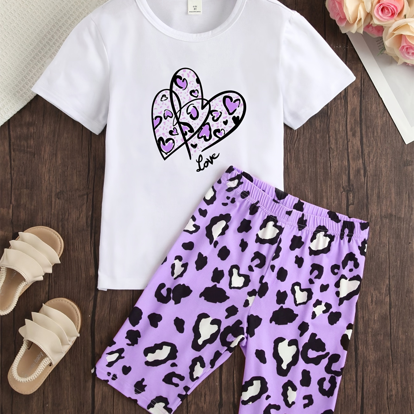 

Casual Girl's Set Puple Leopard Short Sleeve Top + Leopard Biker Shorts Holiday Leisure Summer Outfits