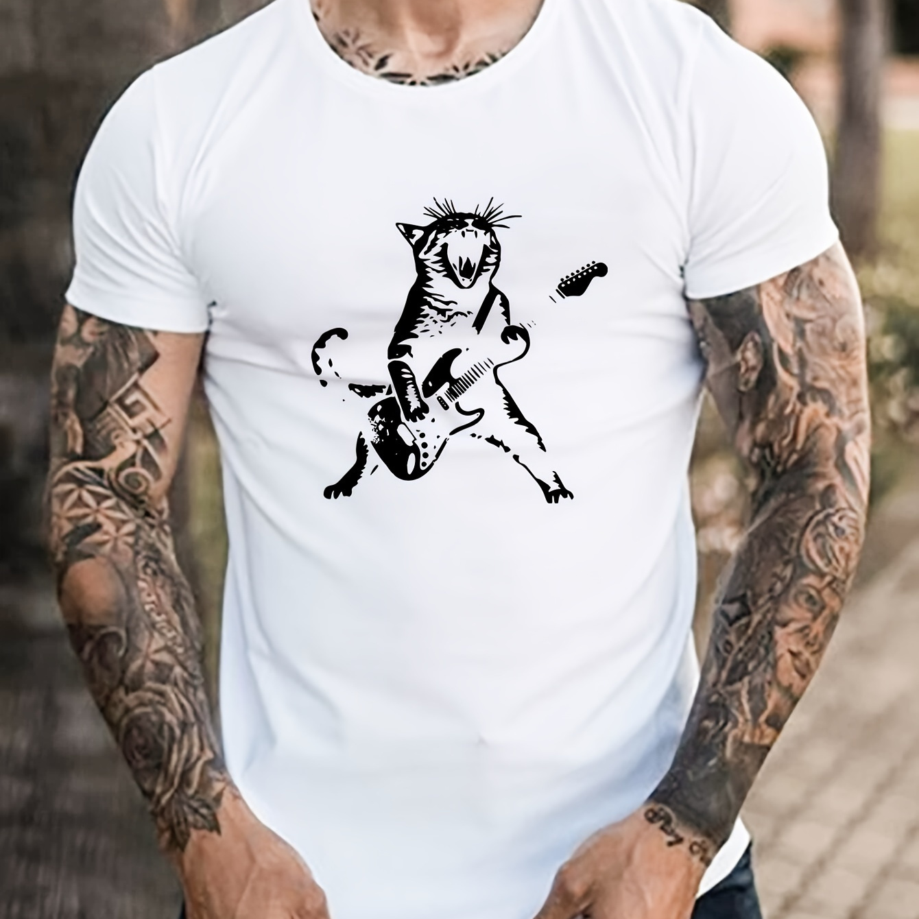 

T-shirt décontracté pour homme avec impression de chat jouant avec un rocher, haut à manches courtes, vêtements de sport d'extérieur pour l'été