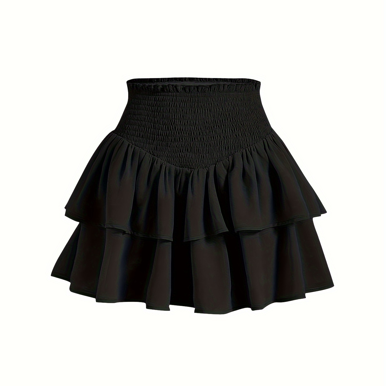 

Solid Shirred Waist Skirt, Casual Beach Wear Layered Ruffle Hem Skirt For Spring & Summer, Women's Clothing