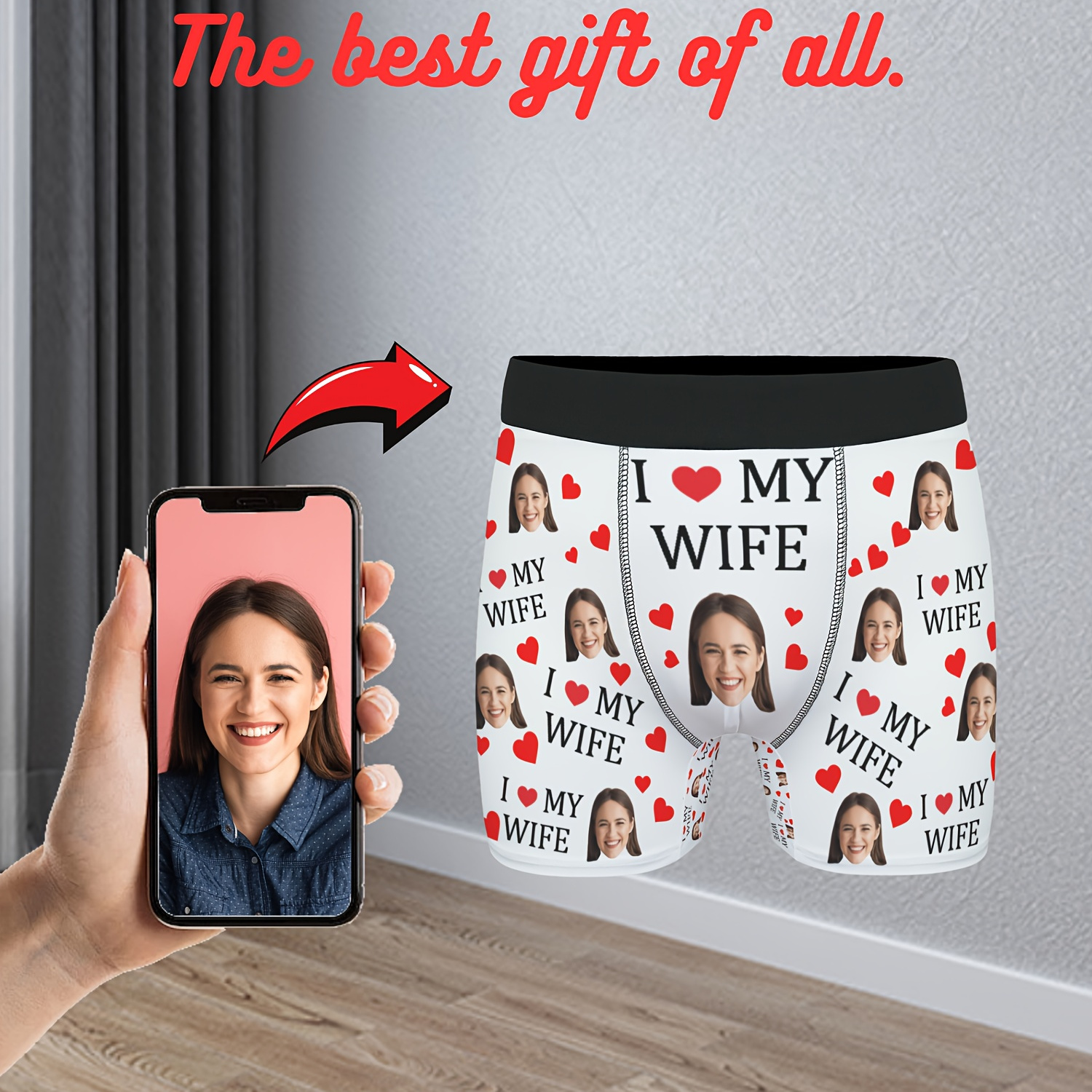 

Hearts I Love My Wife & Customized Personalized Headshot Photo Pattern Men's Underwear, Casual Boxer Shorts, Breathable Comfy Stretchy Boxer As Holiday Valentines Gifs For Husband Boyfriend