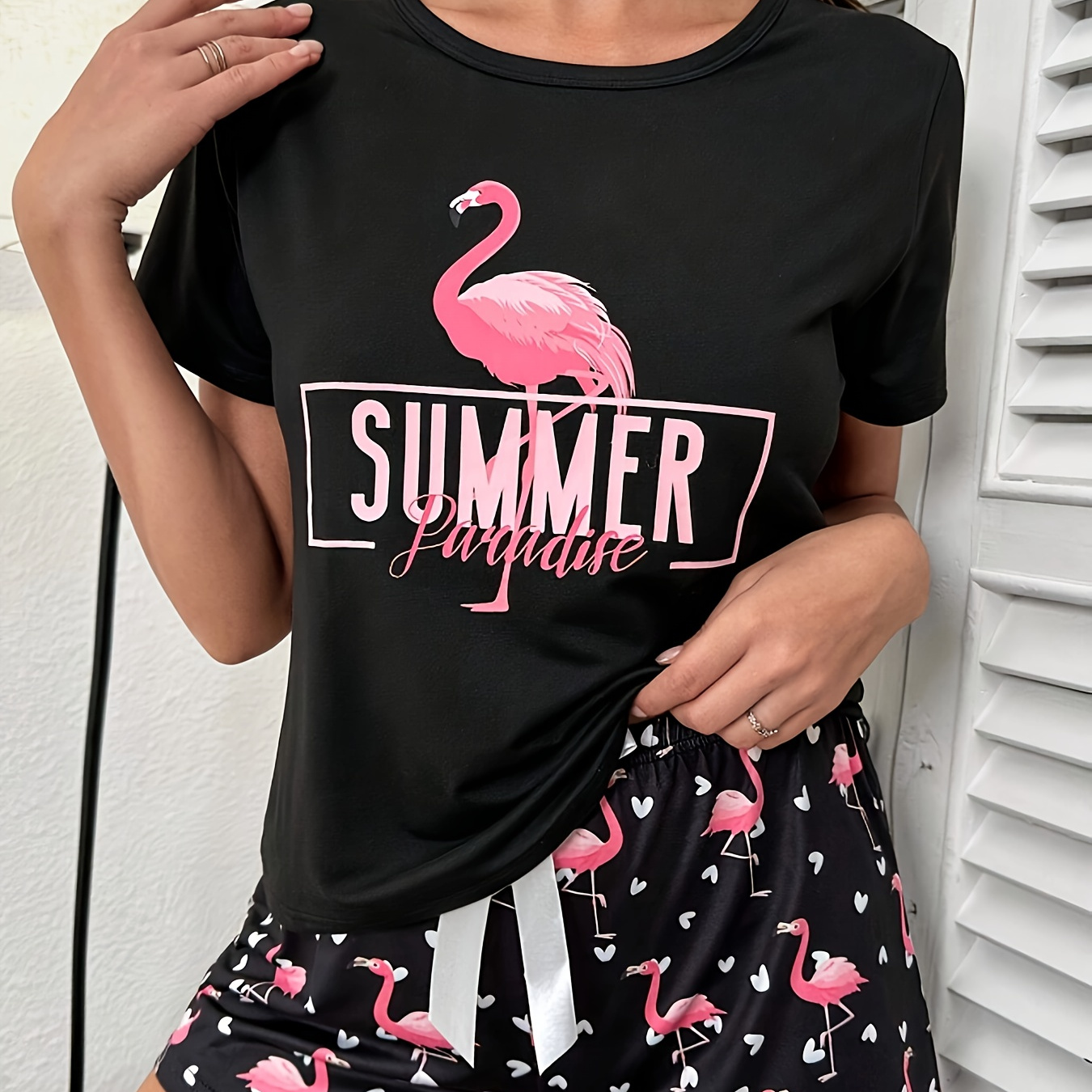 

Women's Flamingo & Letter Print Casual Pajama Set, Short Sleeve Round Neck Top & Shorts, Comfortable Relaxed Fit