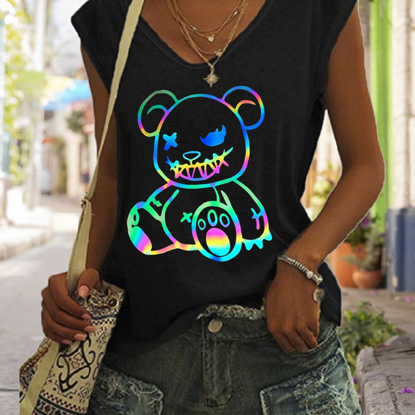 

Bear Print Cap Sleeve Top, Casual V Neck Top For Summer & Spring, Women's Clothing
