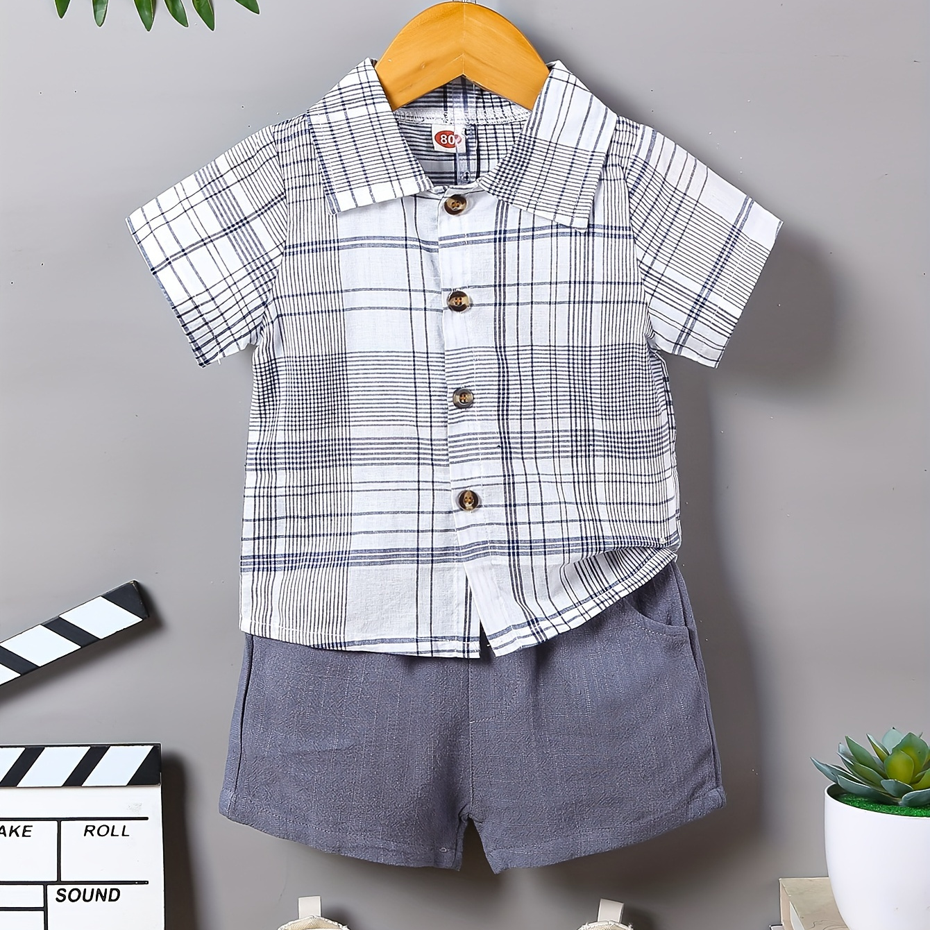 

2pcs Infant & Toddler's Casual Outfit, Plaid Pattern Short Sleeve Shirt & Plain Color Shorts, Baby Boy's Clothes