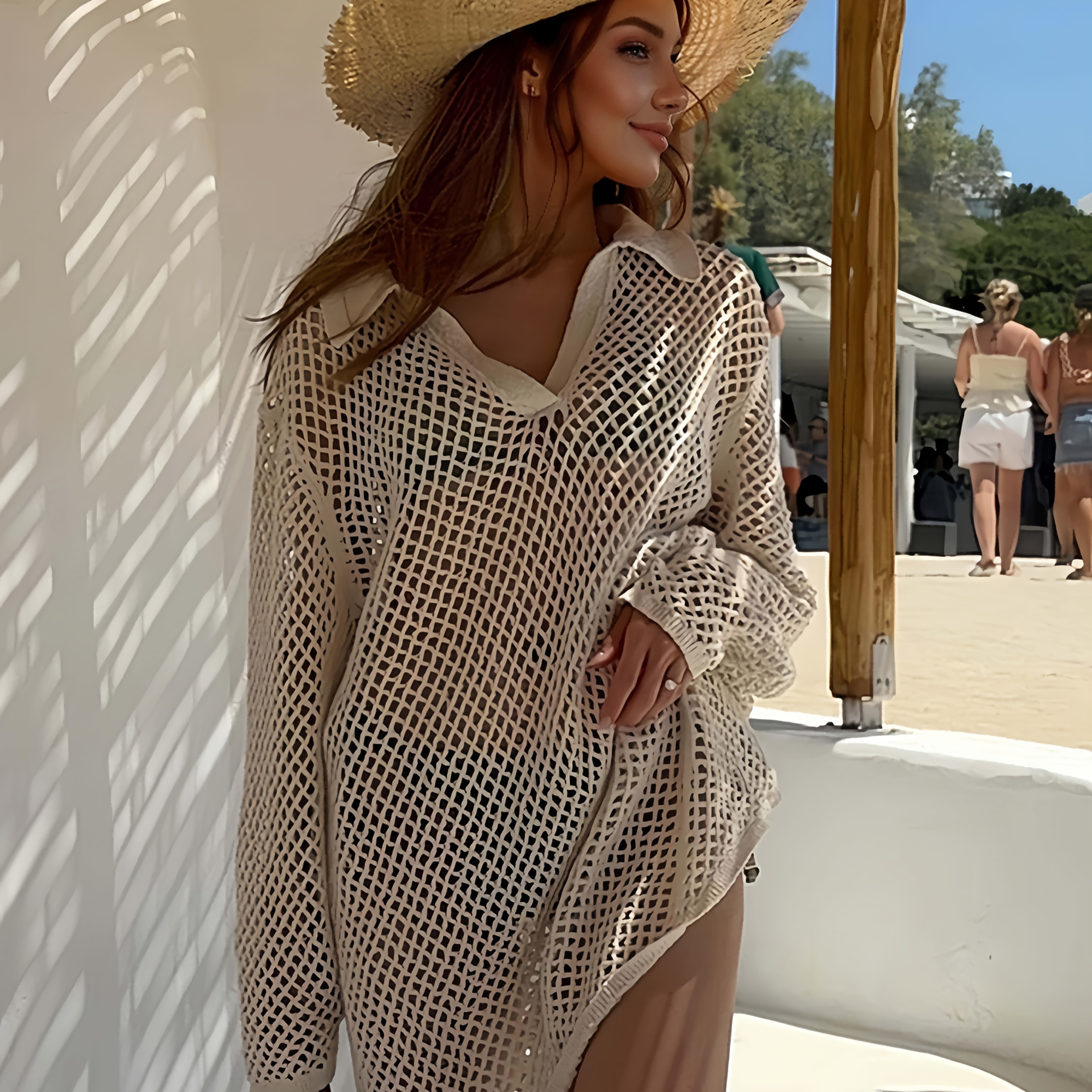 

Women's V-neck Crochet Beach Dress - Lightweight, Long Sleeve, Hollow-out Design, Spring/summer Vacations, Breathable Polyester Fabric, Beach Coverup Dress|summer Style Dress|openwork Design