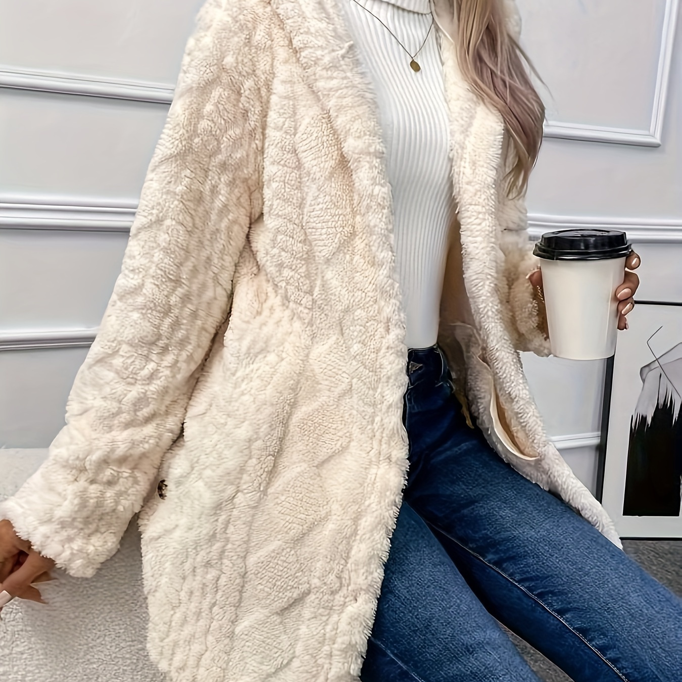 

1pc 's Hooded - Fashionable Mid-length Fleece , , , Button , Knitted, For /, Or , Non-transparent, Ladies' Outerwear