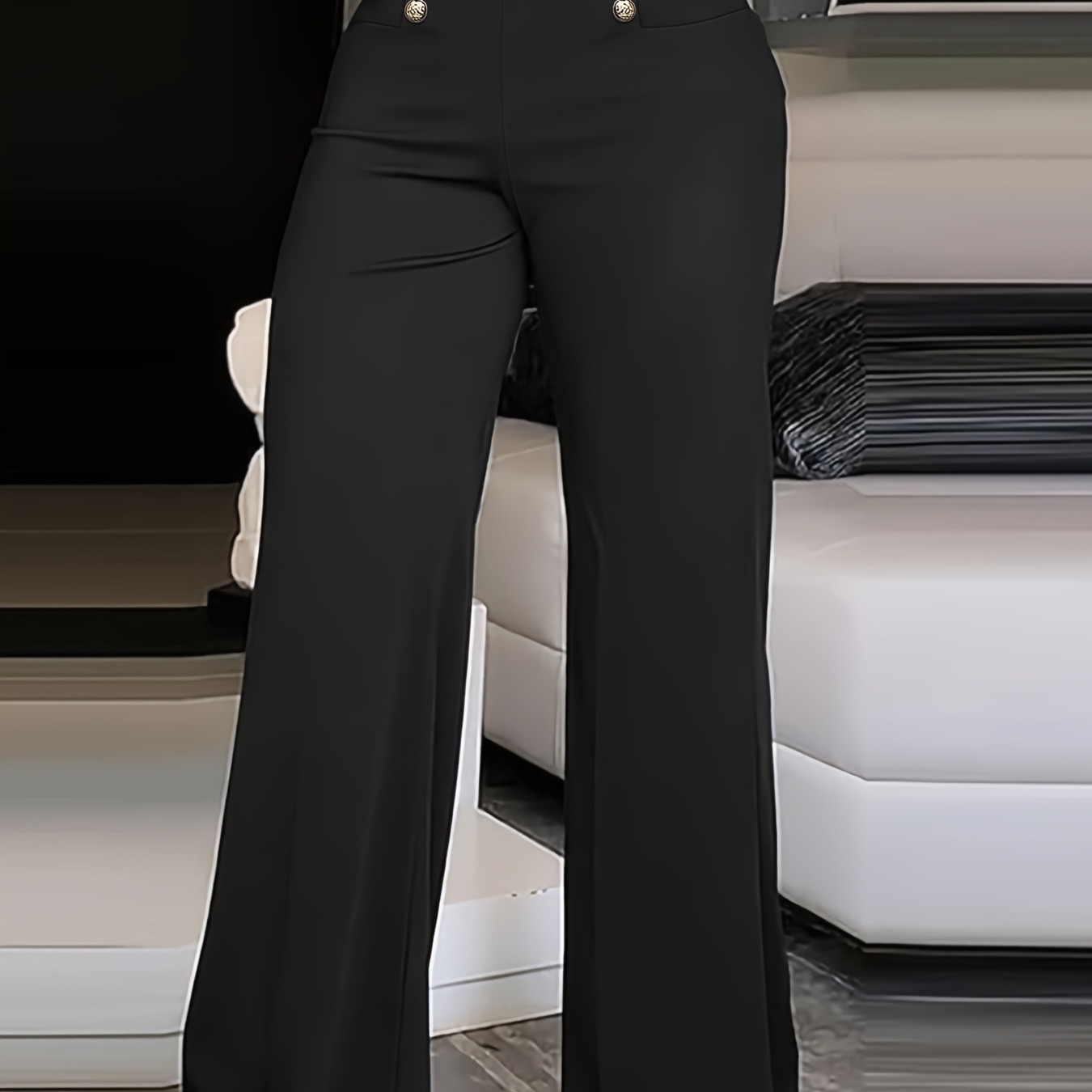 Women'S Elegant High-Waist Wide Leg Pants - Black, Simple Straight Fit with Front Button Detail, Comfortable All-Season Trousers for Casual or Formal Occasions, Versatile Trousers | Sleek Design | Tailored Fit