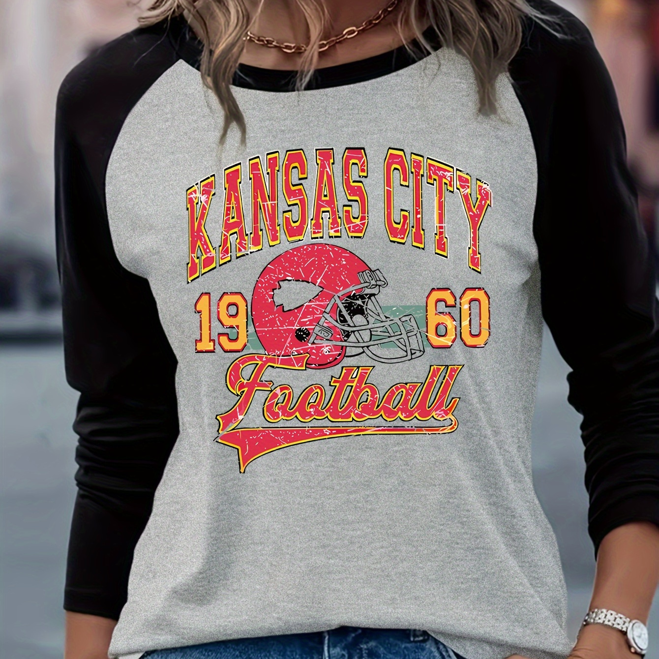 

City Graphic Raglan Long Sleeve T- - Polyester Top Applique ,