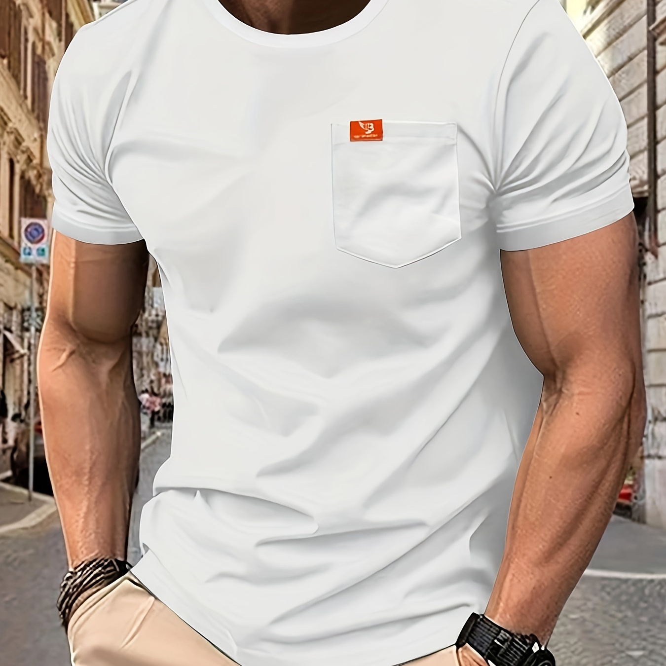 

Solid Color Crew Neck And Short Sleeve T-shirt With Breasted Pocket And Label Patchwork Piece, Casual And Trendy Tops For Men's Summer Outdoors And Sports Wear