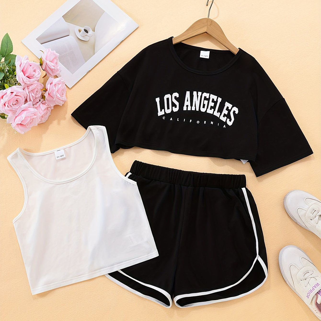 TEMU Casual Outfits 3pcs Los Angeles Print Pullover + Solid Tank Top + Shorts Girls Kids Clothes For Summer