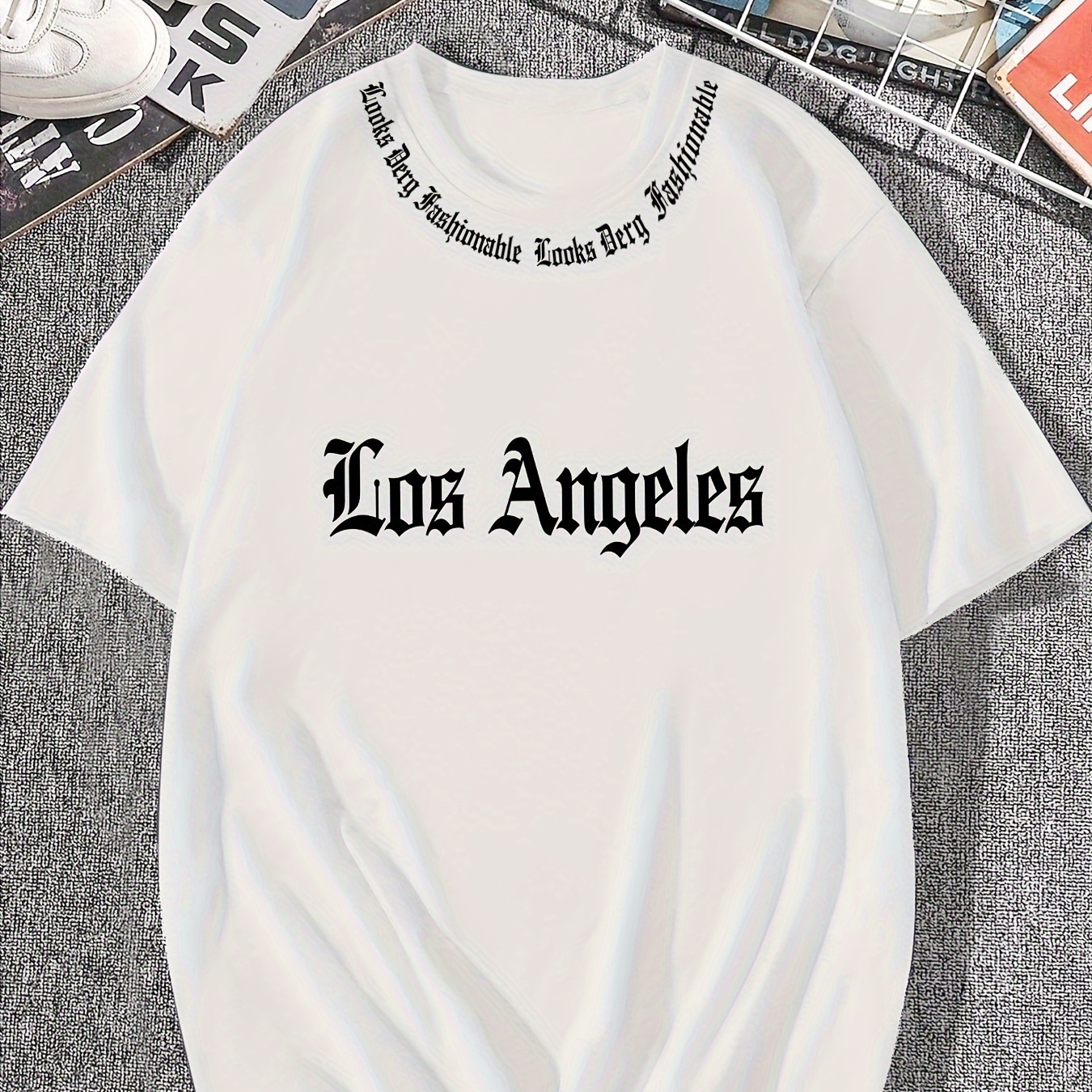 

Los Angeles Print Casual Crew Neck T-shirt For Teens - Polyester Blend 95%/elastane 5%, Knit Fabric, Slight Stretch, Geometric Pattern, Spring/summer Collection