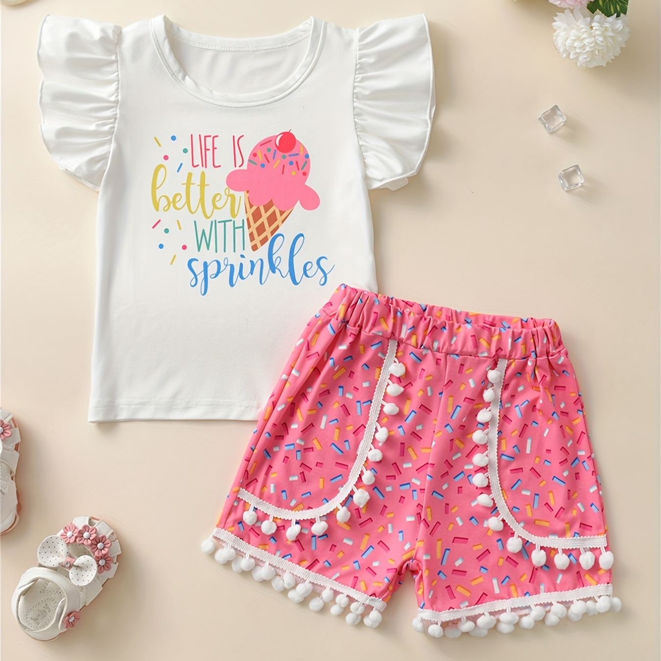 

Girls 2pcs Sleeveless Top & Elastic Waist Shorts Set Life Is Better With Sprinkles Print Ruffle Decor Casual Kids Clothes Summer