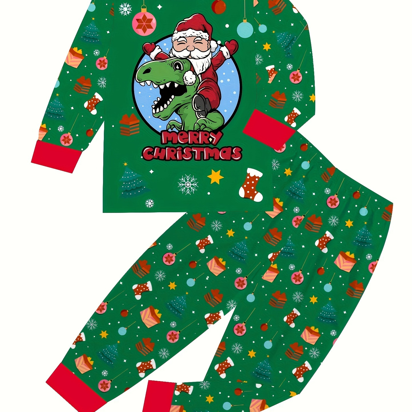 

Christmas Toddlers Boys Cute Pajama Sets Cartoon Santa & Dinosaur Pattern Full Print Trousers Round Neck Long Sleeve Top Casual Pj Sets For All Seasons