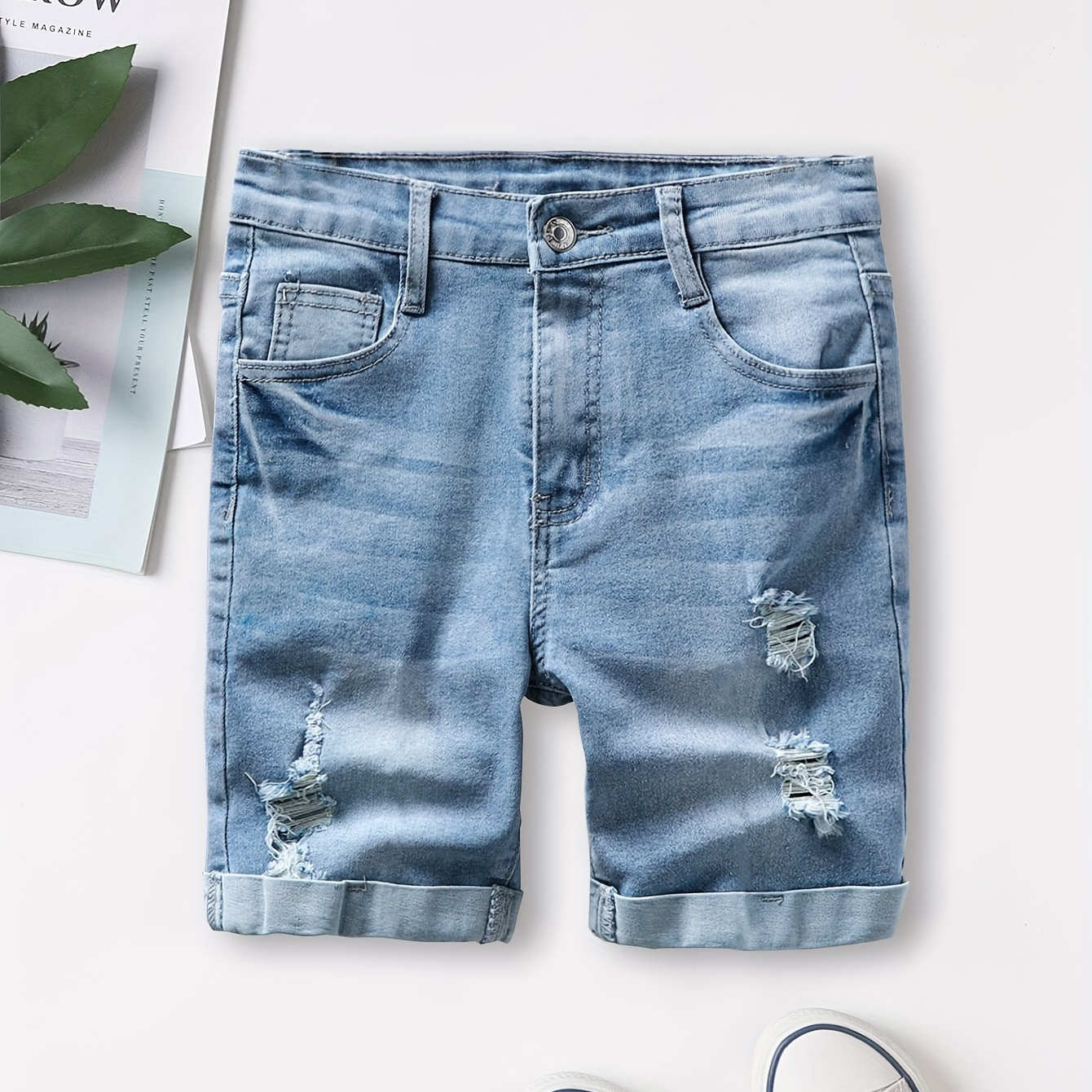 

Boys Casual Washed Ripped Denim Shorts, Stylish Distressed Jean Shorts For Summer Outdoor