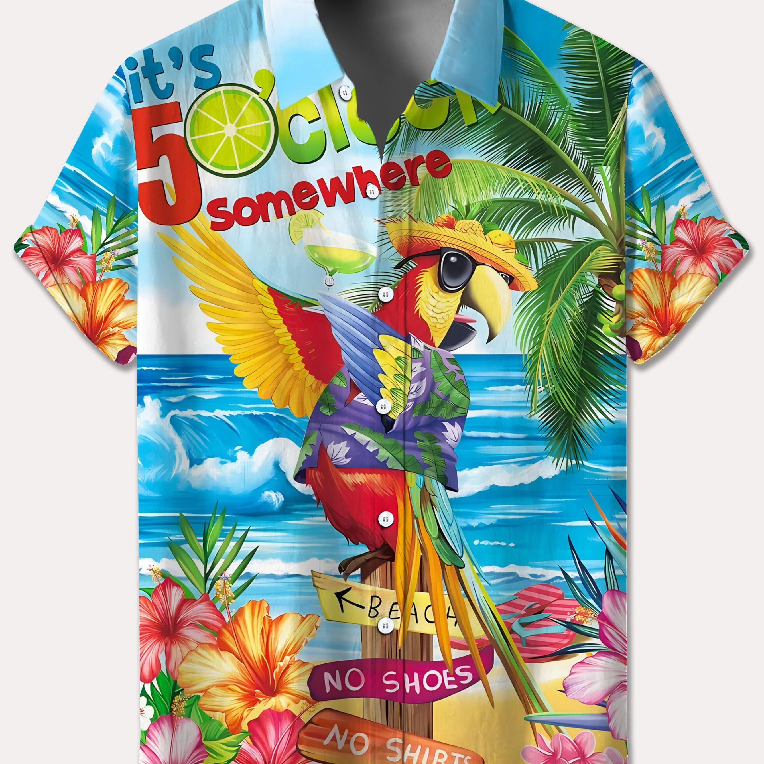 

Plus Size Men's Parrot Graphic Print Shirt For Summer, Vintage Style Short Sleeve Shirt, Hawaiian Style Holiday Tops