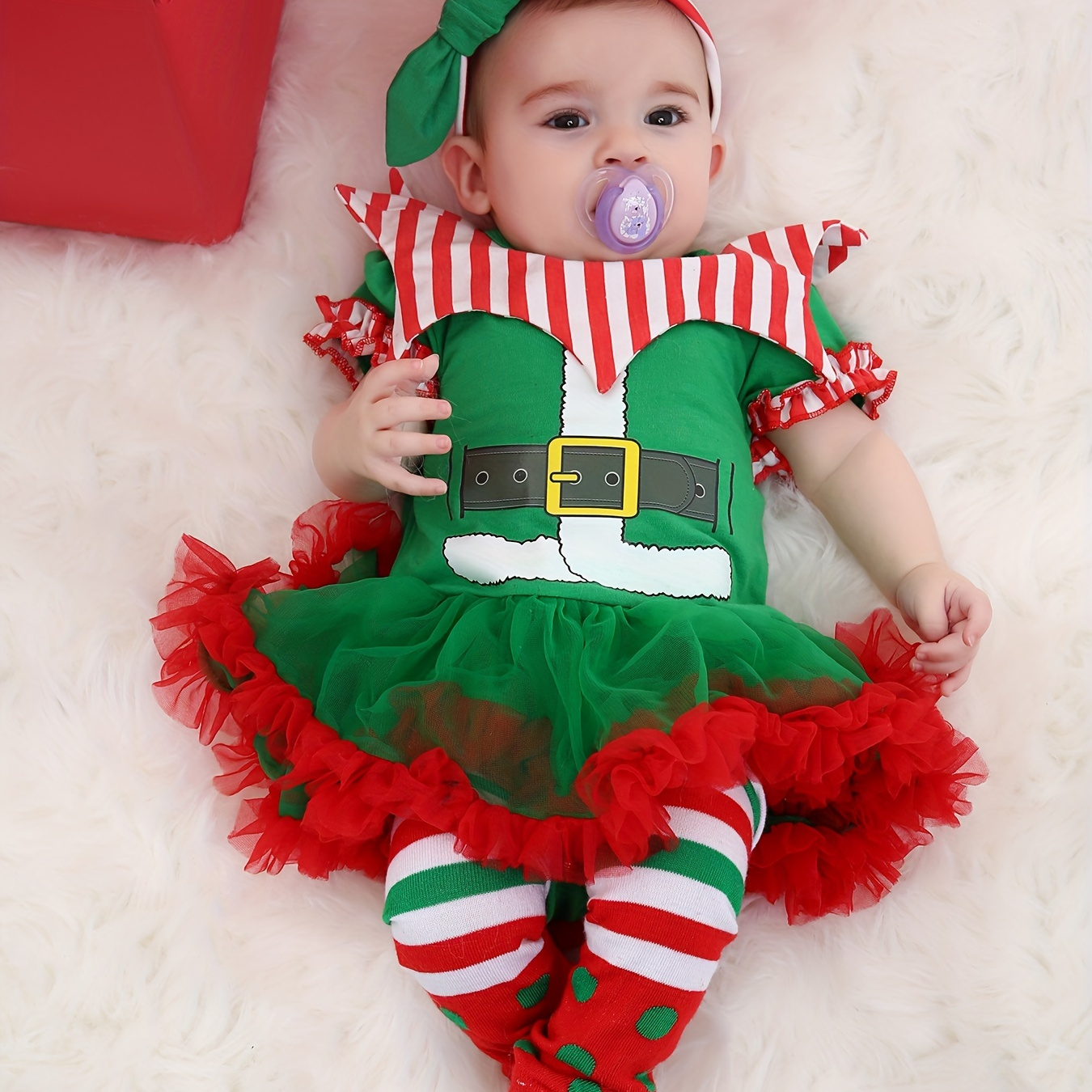 

3pcs Baby Girls Christmas Party Dress Up! Stylish Cute Short Sleeve Clown Onesie Dress Socks Set