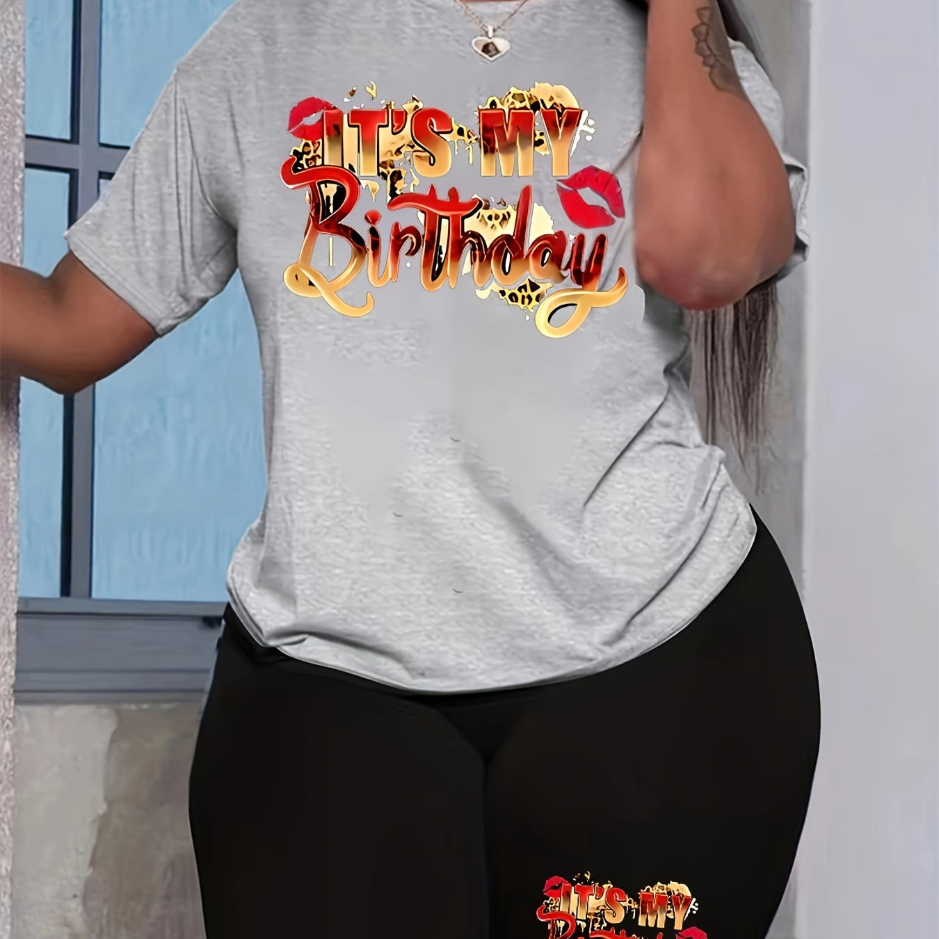 

Plus Size Birthday Print Two-piece Set, Crew Neck Short Sleeve Top & Shorts Outfits, Women's Plus Size clothing