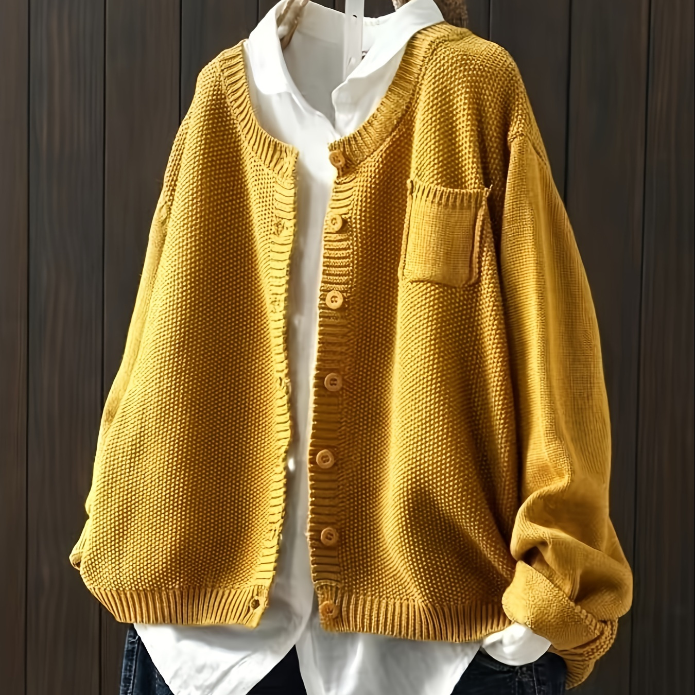 

Plus Size Solid Buttons Cardigan, Casual Long Sleeve Pocket Cardigan, Women's Plus Size clothing