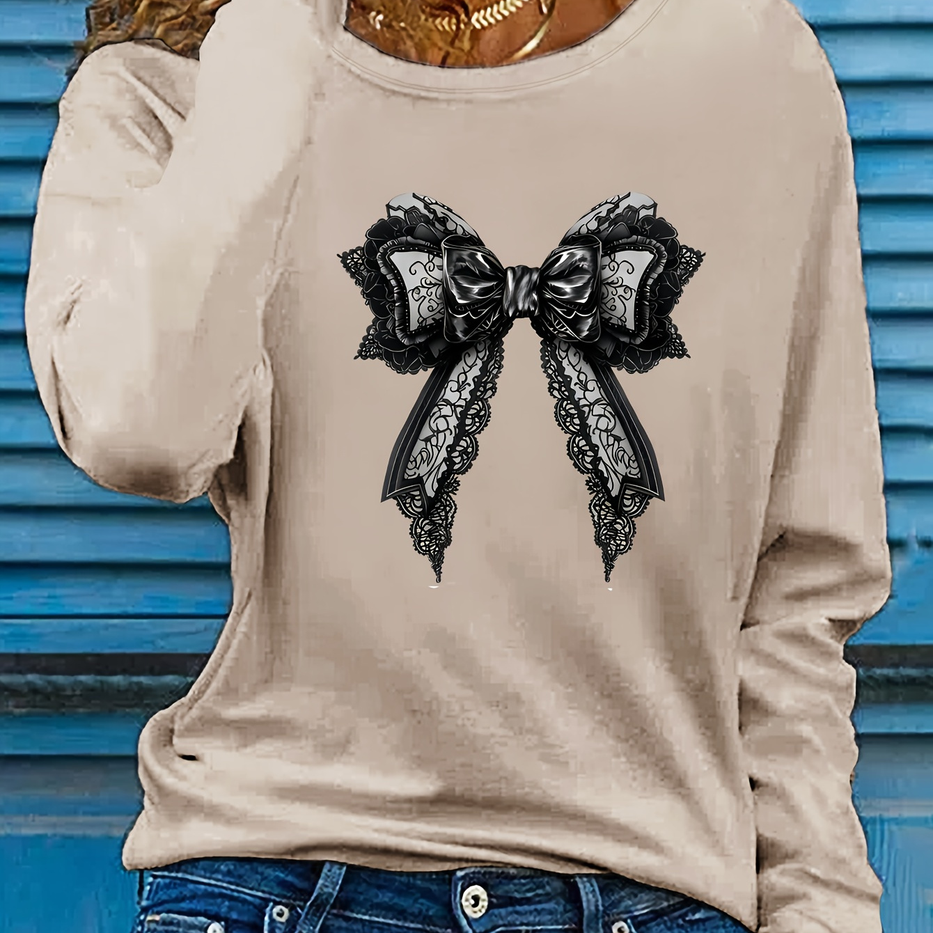 

Bow Print T-shirt, Long Sleeve Crew Neck Casual Top For Spring & Fall, Women's Clothing