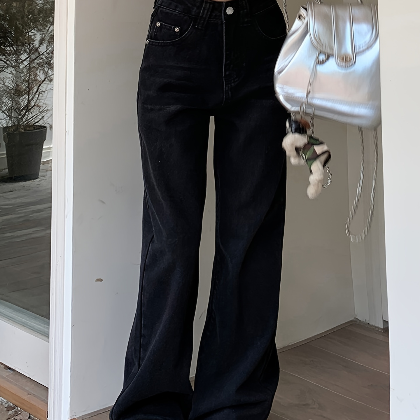 

Ladies' High-waisted, Vintage Washed Denim Wide-leg Pants - , Cotton, Non-stretch, Solid Pattern, Suitable For , Waterwashed Denim, Straight Leg, Woven Fabric