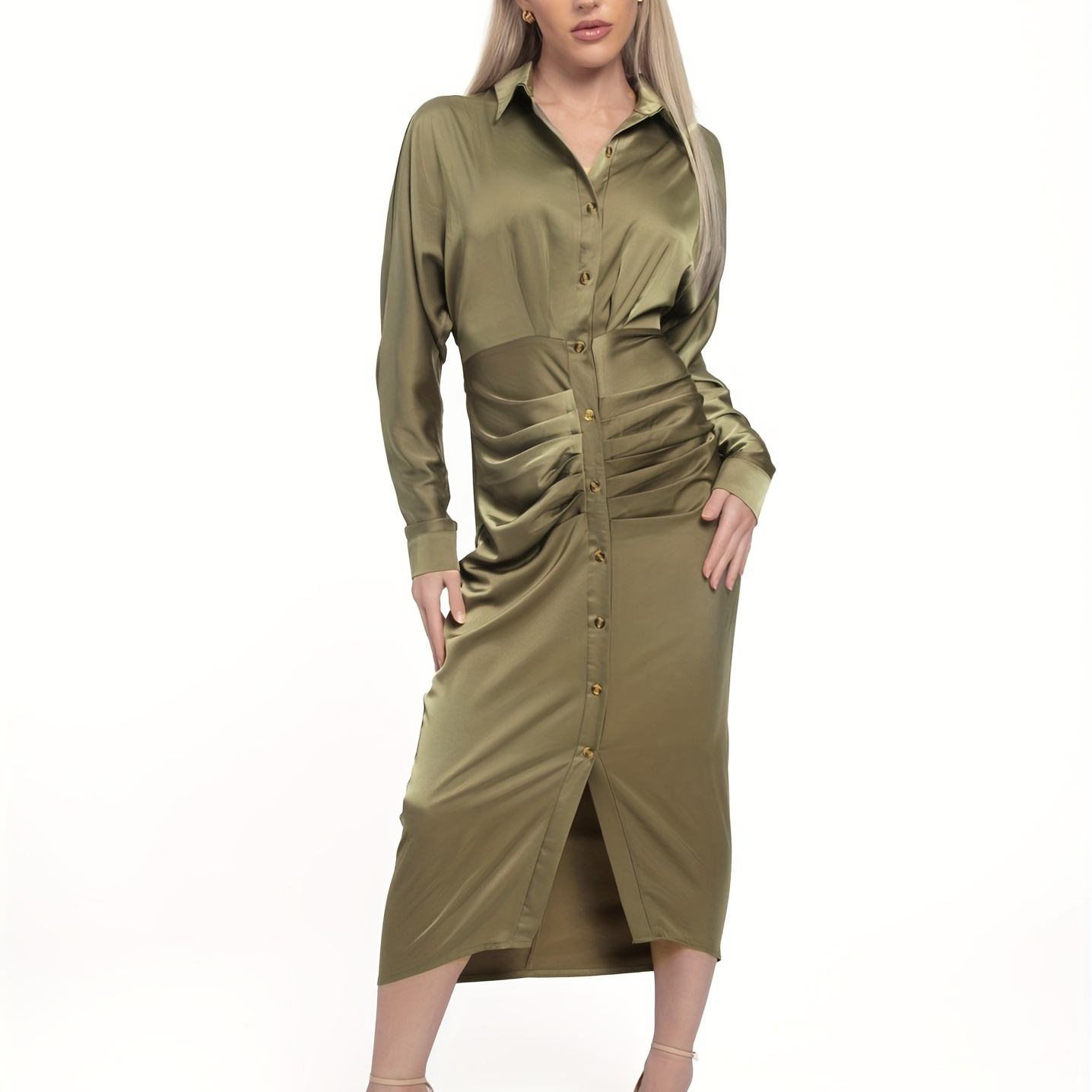 

Women's Long Sleeve Lapel V Neck Button Down Satin Dress Belted Elegant Ruched Dresses