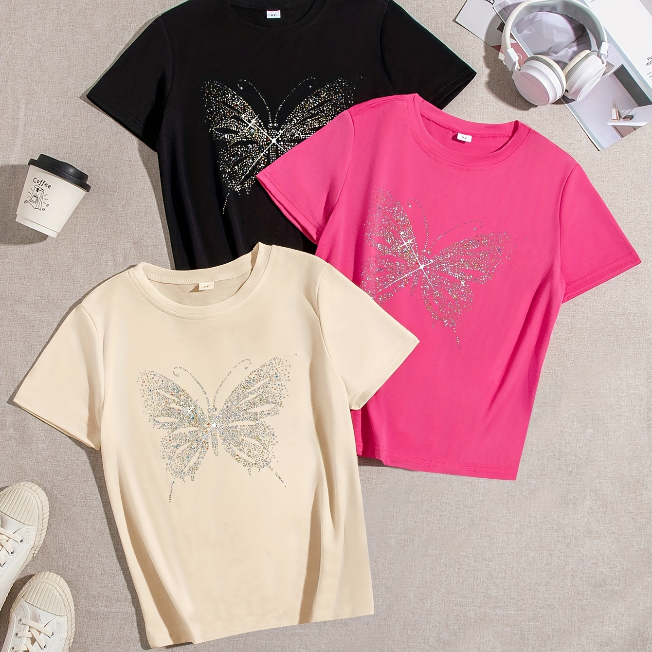 

3-piece Girls' Summer Fashion Printed Short Sleeve T-shirts, Casual Round Neck Tees With Cartoon Butterfly Graphic, Assorted Colors - Trendy Tops For Daily Wear