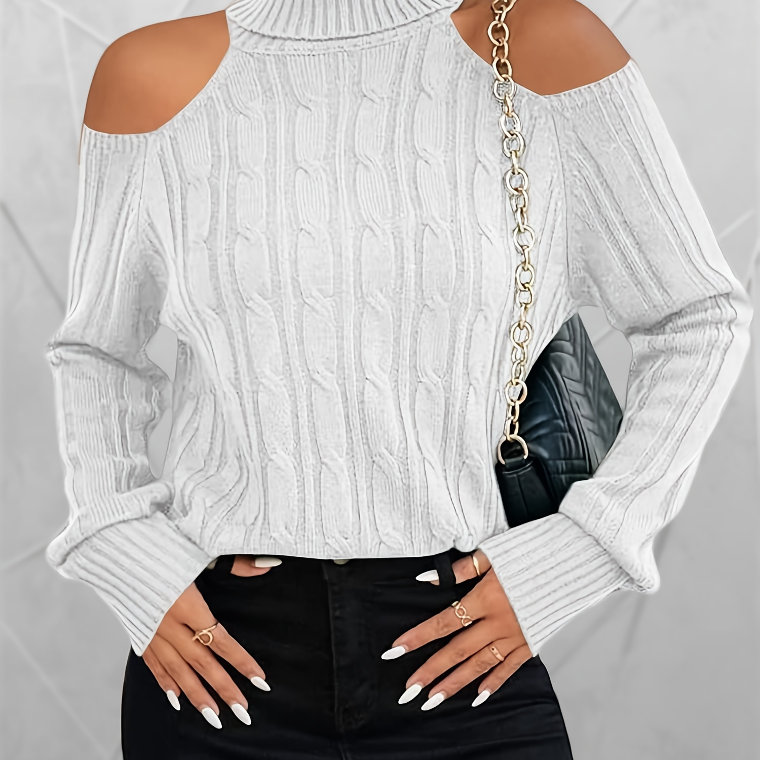 

Lightweight Design | Women' Shoulder Turtleneck Sweater - Soft Cable Knit Pullover, Long Sleeve, Ribbed Texture, Elegant & Casual Jumper For Fall/winter,