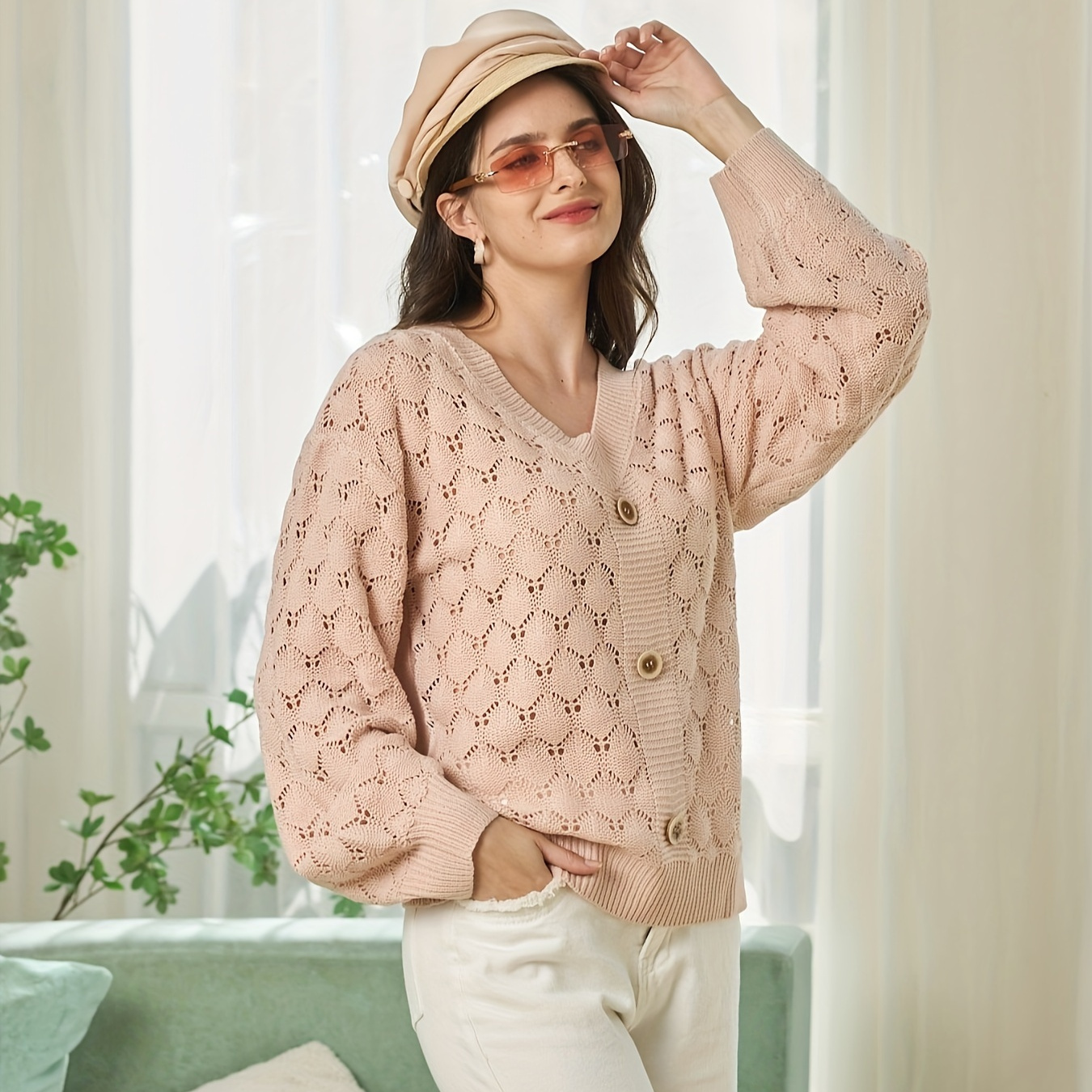 Lace V Neck Pointelle Knit Sweater Elegant Long Sleeve - Temu Canada