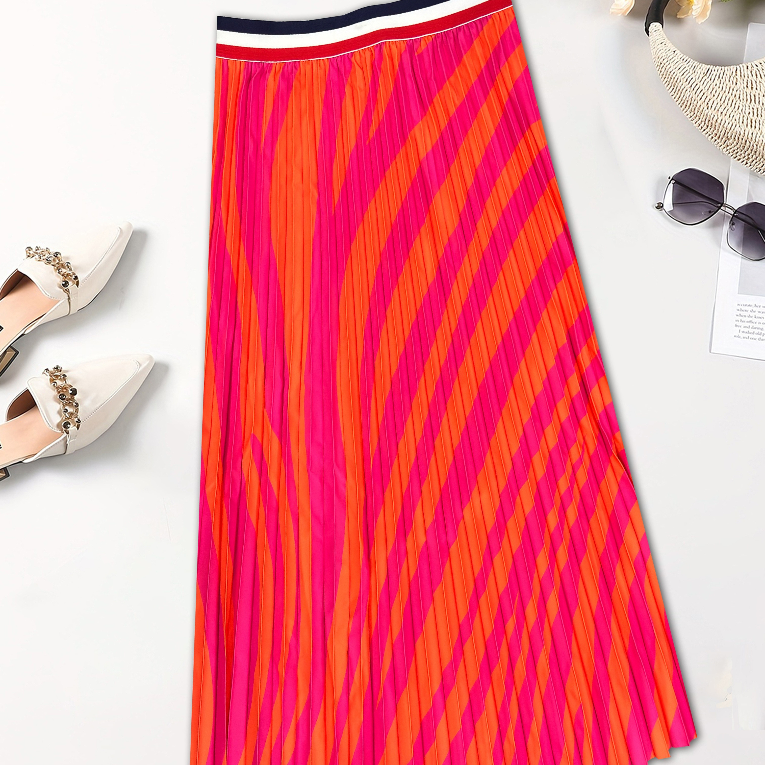 

Color Block Pleated Skirt, Elegant Skirt For Spring & Summer, Women's Clothing