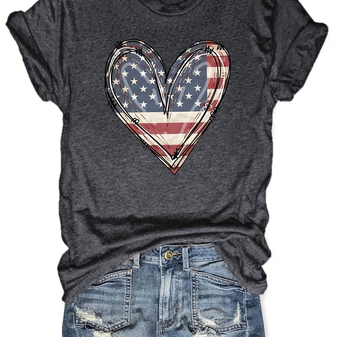 

American Flag Heart Print T-shirt, Casual Crew Neck Short Sleeve Top For Spring & Summer, Women's Clothing