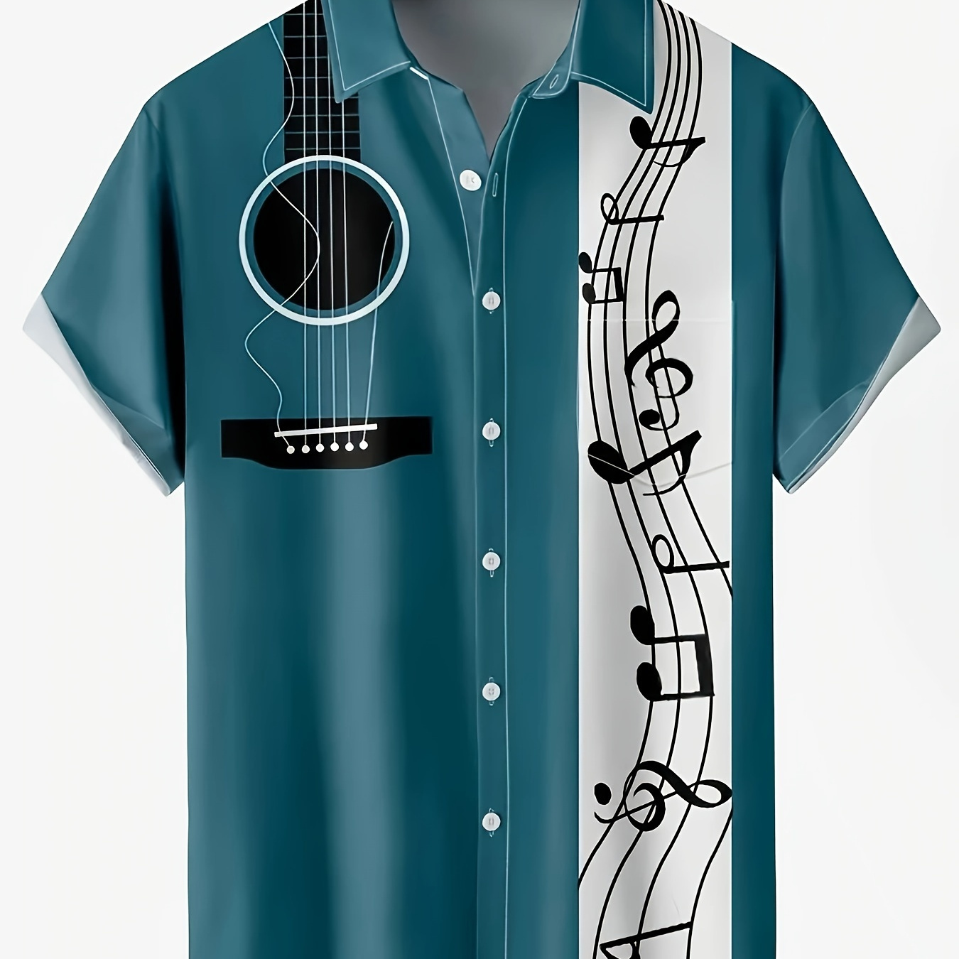 

Music Notes And Guitar Pattern Men's Short Sleeve Button Down Shirt, Summer Holiday Men's Color Block Shirt